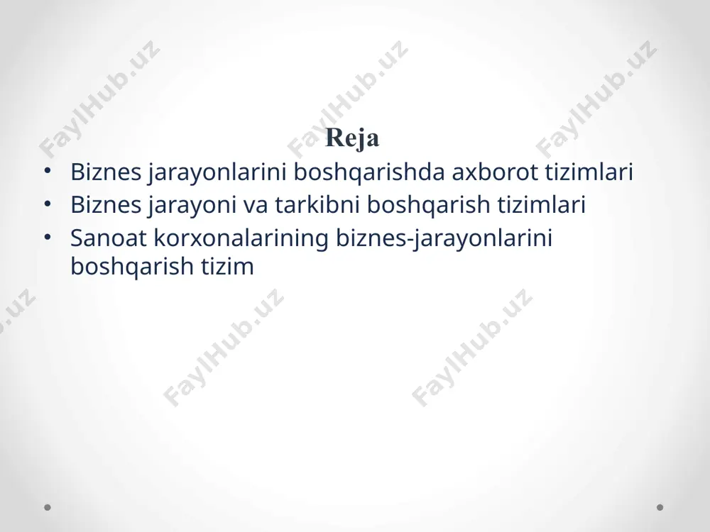 izimini joriy etishning afzalliklari. bpm echimlarining asosiy xususiyatlari shundaki, ular quyidagilarga imkon beradi: "end-end" biznes-jarayonlarini moslashuvchan avtomatlashtirishni ta'minlash; korxonaning tashkiliy bo'linmalari ishini tashkil etishda texnologik yondashuvni joriy etish uchun asos yaratadi; real vaqt rejimida biznes-jarayonlarni amalga oshirish ustidan samarali nazoratni tashkil etishga imkon beradi; 7 turli bo'limlar va sheriklar o'rtasidagi o'zaro hamkorlik xarajatlarini kamaytirish; korxona va sheriklarning turli xil biznes-ilovalari o'rtasida "muammosiz" integratsiyani ta'minlash; yangi echimlar va biznes funktsiyalarini amalga oshirish muddatini qisqartirishga imkon beradi; kompaniyaning axborot tizimlariga kiritilgan investitsiyalarning daromadliligini oshirish. 8 menejment - bu odamlarga va iqtisodiy ob'yektlarga, ularning harakatlarini yo'naltirish va kerakli natijalarni olish uchun amalga oshiriladigan maqsadli axborot ta'siridir. har qanday boshqaruv, shu jumladan biznes-jarayonlarni boshqarish quyidagi printsiplarga asoslanishi kerak: 1. to'g'ri ritm (ritm) printsipi, uning mohiyati teng miqdordagi mahsulotlarning muayyan vaqt ichida chiqarilishini ta'minlash va shunga mos ravishda biznes-jarayonning barcha bosqichlarida aniq takrorlanishidir. 9 2. yagona standartlar printsipi (standartlashtirish). ham kontragentlardan sotib olingan tovarlarga, ham …