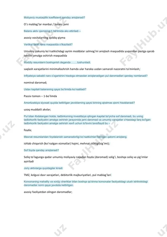 n pul daromadlari qanday nomlanadi? nominal daromad; ustav kapitali balansning qaysi bo’limida ko’rsatiladi? passiv tоmоn – 1-bo’limda amortizatsiya siyosati quyida keltirilgan javoblarning qaysi birining ajralmas qismi hisoblanadi? uzoq muddatli aktivlar; pul bilan ifodalangan holda, tadbirkorning investitsiya qilingan kapital bo'yicha sof daromadi, bu uning tadbirkorlik faoliyatini amalga oshirish jarayonida jami daromad va umumiy xarajatlar o'rtasidagi farq bo'lgan tadbirkorlik faoliyatini amalga oshirish xavfi uchun to'lovini tavsiflaydi bu – foyda; mexnat resurslaridan foydalanish samaradorligi ko’rsatkichlari berilgan qatorni aniqlang. ishlab chiqarish (ko’rsatilgan xizmatlar) hajmi, mehnat zichligi(sig’imi); sof foyda qanday aniqlanadi? soliq tо‘lagunga qadar umumiy moliyaviy natijadan foyda (daromad) solig’i, boshqa soliq va yig’imlar ayiriladi joriy aktivlarga quyidagilar kiradi: tmz, kelgusi davr xarajatlari, debitorlik majburiyatlari, pul mablag’lari korxonaning mahalliy va xorijiy sheriklar bilan boshqa qo'shma korxonalar faoliyatidagi ulush ishtirokidagi daromadlar nomi qaysi javobda keltirilgan. asosiy faoliyatdan olingan daromadlar;