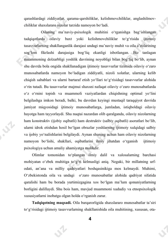 s’uliyati hamda har bir oila a’zosining ijtimoiy-psixologik mavqei, oilaviy munosabatlarga tayyorligi xususiyatlarini o‘rganish ilmiy ishning maqsadi hisoblanadi. ilmiy tadqiqotning predmeti oila mustaxkamligida shaxslararo munosabatlarning milliy – psixologik xususiyatlarini milliy xududiy sharoitda o‘rganish. tadqiqotning obyekti sifatida qarshi shahridagi kat maxallasida istiqomat qiluvchi jami 10 ta oila tanlab olindi. tadqiqot vazifalari. bitiruv malakaviy ishi quyidagi vazifalarni amalga oshirish zaruratini taqozo etadi: 1. oilaviy barqarorligida shaxslararo munosabatlar ta’sirining ijtimoiy – psi’ologik xususiyatlarini aniqlashga bag‘ishlangan ilmiy adabiyotlarni tahlil qilish. 2. oilaviy o‘zaro munosabatlar sharoitida er-xotin munosabatlari negizida shakllangan konstruktiv sabablarini aniqlash. 3. yoshlarda oilaviy treninglar orqali oilaviy hayot haqidagi tasavvurlar darajasini aniqlovchi ijtimoiy-psixologik usul va so‘rovnomalarni ishlab chiqish, mavjud test va metodikalarning maqsadga muvofiq modifikatsiyalarini tanlash, amaliyotda sinash, tadbiq etish. tadqiqotning metodologik asosi. bosh metodologik asos bo‘lib mamlakatimizning birinchi prezidenti i.a. karimovning oilaviy tarbiya masalasiga bag‘ishlangan hamda ma’naviy-ma’rifiy islohotlarni chuqurlashtirishga yo‘naltirilgan qarorlari, s. moscovisi, j. jodelet, l.c. kovar, p.s. rosendlatt kabi olimlar tomonidan taklif …