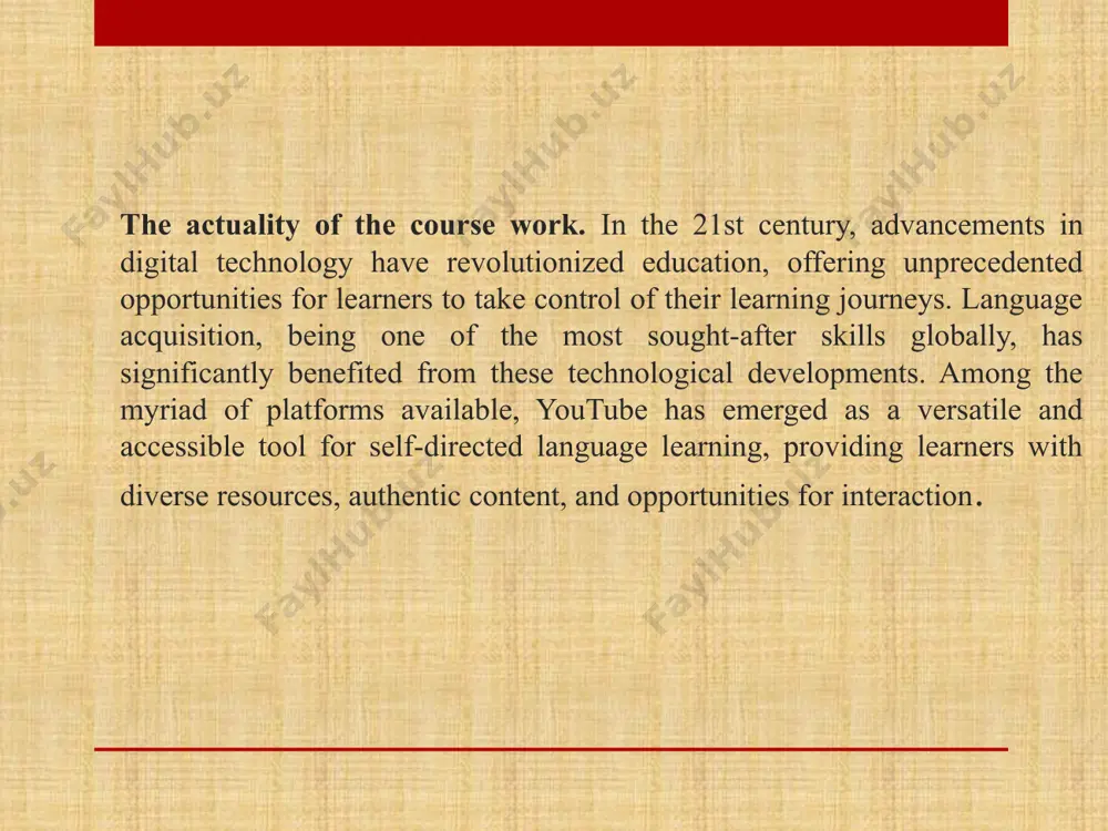 youtube channels, videos, and playlists that focus on language learning.analyze features such as subtitles, interactive tools, and content diversity to determine their effectiveness in language acquisition.comparative analysis:compare youtube with other online platforms and tools (e.g., language learning apps, websites) to highlight its unique advantages and limitations. the methods of the course work the structure of the work. content of the work. the present course work consists of four parts: introduction, the main part, conclusion and references. i chapter: theoretical foundations of self-directed language learning 1.1. concept and importance of self-directed language learning self-directed learning is a process in which learners take the initiative, with or without external guidance, to diagnose their learning needs, set goals, identify resources, choose learning strategies, and evaluate their progress. in the context of language learning, this approach empowers learners to take control of their linguistic development, promoting autonomy and lifelong learning.key characteristics:learner autonomy: responsibility for …