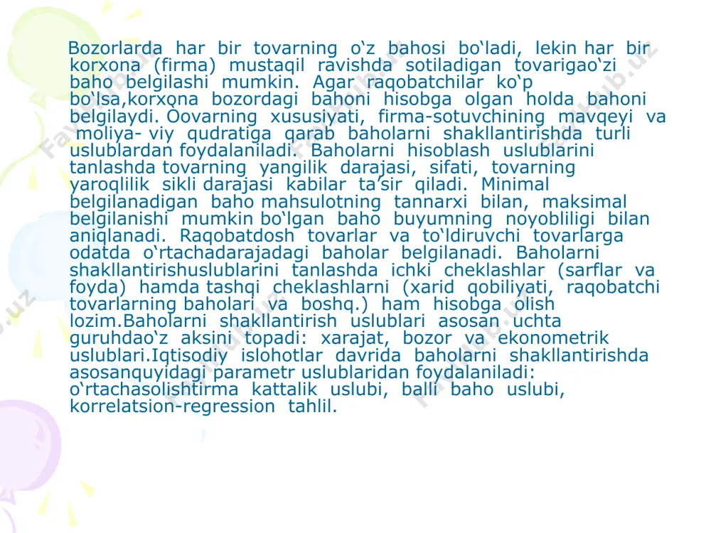 hun sarflangan mehnat xarajatlari asosida aniqlanadi. baholar darajasi, nisbati va ularning harakati asosida qiymat qonuni, talab va taklif qonuni amal qiladi. mehnat unumdorligi oshib borishi bilan qiymat pasayib boradi, ayrim davrlarda (urush, hosilsizlik, qurg‘oqchilik va boshqalar) ba’zi guruh tovarlari bahosining oshishi kuzatiladi. qiymatning harakati baho dinamikasida o‘z aksini topadi. * * * jamiyatda dastlabki ayirboshlash munosabatlari, keyinchalik ishlab chiqarish munosabatlari va insonlarning bevosita bir-birlari bilan olib borgan muloqotlari asosida baholarning funksiyalari amalga oshadi. turli ishlab chiqarish usullarida insoniyat va jamiyatning rivojlanishi bilan baholar o‘zgarib borgan va ular doimo har qanday jamiyat va davlat olib borayotgan siyosati bilan bog‘liqdir. baho kuchli iqtisodiy kategoriya bo‘lib, iqtisodiy, ijtimoiy va siyosiy masalalarni hal qilishda faol ishtirok etishi mumkin. shu sababli davlat va turli xo‘jalik subyektlari o‘z faoliyatlarida bahoning barcha sifatlarini hisobga oladi va undan foydalanadi. bahoning o‘rni, uning mikro va makrodarajadagi o‘rni yuqo- ridagi keltirilgan funksiyalarida namoyon bo‘ladi. barcha jamiyatlarda baholar iqtisodiyot tarmoqlarining faoliyati …