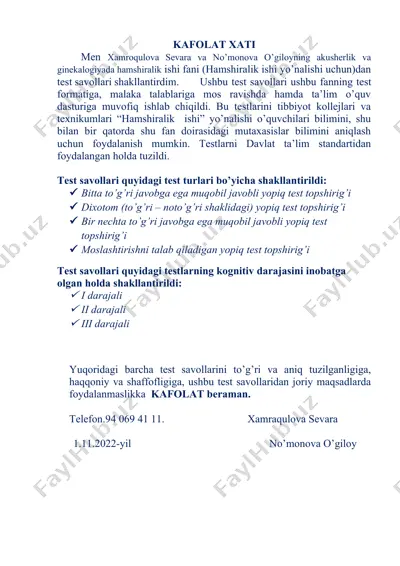 akusherlik fanidan test savollari — DOCX