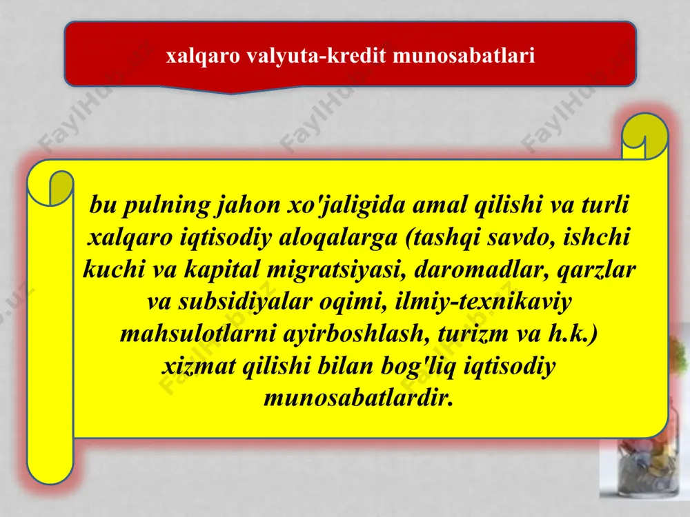 raqqiyot banki (ettb) 1990 yilda tashkil etilgan bo'lib, asosiy faoliyati markaziy va sharqiy evropa, mdh mamlakatlarini isloh qilish jarayonlari bilan bog'liq turli ko'rinishdagi dastur va loyihalarni moliyalashtirishga, bu mamlakatlarning jahon xo'jaligiga moslashuvini jadallashtirishga ko'maklashishga yo'naltirilgandir. xalqaro savdo bu turli davlat-milliy xo'jaliklari o'rtasidagi tovar va xizmatlarning ayirboshlash jarayonidir. bu esa eksport va importda o'z ifodasini topadi. eksport import bu tovarlarni chet ellik mijozlarga sotish bo'lib, bunda mazkur mamlakatlarda ishlab chiqarilgan tovar mamlakatdan tashqariga chiqariladi. bu eksportdan farq qilib chet ellik mijozlardan tovarlar (xizmatlar) sotib olib, ularni mamlakatga keltirishni bildiradi. xalqaro savdoning o'ziga xos xususiyatlari iqtisodiy resurslarning harakatchanligi mamlakatlar o'rtasida, mamlakat ichidagiga qaraganda ancha past bo'ladi. har bir mamlakat har xil valyutadan foydalanadi. xalqaro savdo siyosiy aralashuv va nazoratga mahkum bo'lib, bu ichki savdoga nisbatan qo'llaniladigan tadbirlardan tavsifi va darajasi bo'yicha sezilarli farqlanadi. tashqi savdo siyosatining asosiy shakllari protektsionizm fritrederlik tashqi ta'sirdan himoyalash savdoga to'liq erkinlik berish boj to'lovlari import kvotalari tarifsiz …