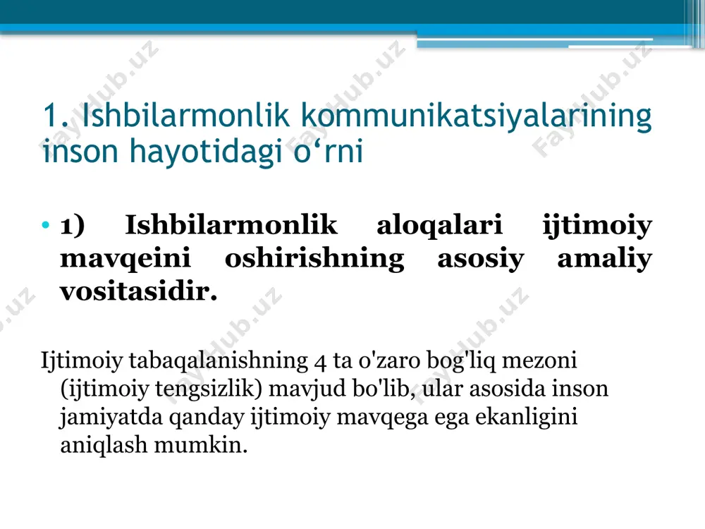 armoq muxlis matritsa muloqot uslublari - bu inson muayyan vaziyatda munosabatlarni o'rnatishni afzal ko'radigan usullardir. " o'zingizni kashf qilish" "amalga kiritish o'zim" maksimal ochiqlik va fikr-mulohaza. ideal sharoitda bu uslub ma'qul, ammo vaziyatli omillar amalda uni o'zgartiradi. "o'z-o'zidan qulflash" ochiqlik va fikr-mulohazalarning past darajasi. inson, go'yo o'zini izolyatsiya qiladi, boshqalar uni tanib olishiga yo'l qo'ymaydi. "o'zingizni himoya qilish" ochiqlikning past darajasi va fikr-mulohazalarning yuqori darajasi. boshqalarni yaxshiroq bilish kerak bo'lganda keng qo'llaniladi. o'rtacha ochiqlik va fikr-mulohaza "o'zingiz uchun savdolashing" boshqalar uchun ochiqlik darajasi yuqori, ammo fikr-mulohazalarning past darajasi. biror kishi buni o'z xatti-harakatlariga boshqalarning reaktsiyasini qo'zg'atish uchun diqqatni o'ziga qaratish orqali amalga oshiradi. 3. aloqa funktsiyalari va turlari aloqa funktsiyalari aloqa muvofiqlashtirish ma'lumot pertseptiv rag'batlantirish hissiy status transformativ aloqa turlari kundalik (maishiy) aloqalar: 1) shaxslararo muloqot; 2) ijtimoiy muloqot; 3) marosim aloqasi. biznes (sanoat) aloqalari: biznes, siyosat, ta'lim, fan, shou-biznes va sport, turizm, xalqaro munosabatlar va boshqa sohalarda. 4. global …