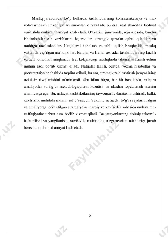 sosida, mashqlarni yanada samarali qilish uchun strategiyalar ishlab chiqiladi. masalan, simulyatsiya va virtual muhitlarda oʻtkaziladigan mashqlar, real sharoitlarga yaqinlashtirilgan boʻlib, bu esa ishtirokchilarning tayyorligini oshiradi. shu bilan birga, oʻquv jarayonlarida, jamoaviy hamkorlikni rivojlantirish va strategik fikrlashni shakllantirish uchun o‘quv mashg‘ulotlari va treninglar ham muhim oʻrin tutadi. xulosa qilib aytganda, qoʻmondon-shtab mashqlari va taktik-maxsus mashqlarining tashkil etish va oʻtkazish metodlari, harbiy va xavfsizlik sohalarida muhim oʻrin tutadi. bu jarayonlar, nafaqat, tashkilotlarning tayyorligini oshiradi, balki ularning strategik va operatsion qobiliyatlarini rivojlantirishga ham xizmat qiladi. zamonaviy texnologiyalar bilan integratsiya qilingan holda, bu metodlar yanada samarali va innovatsion yondashuvlar bilan to‘ldirilmoqda, natijada, harbiy va xavfsizlik kuchlari uchun muhim tayyorgarlik vositalariga aylanmoqda. iii. natijalarni baholash va takomillash uchun tahlil usullari qoʻmondon-shtab mashqlari va taktik-maxsus mashqlarning muvaffaqiyatli oʻtkazilishi uchun natijalarni baholash va ularni takomillash jarayoni muhim ahamiyatga ega. bu jarayon, oʻz navbatida, mashqlarning strategik va operatsion maqsadlariga erishish darajasini aniqlash, kamchiliklarni aniqlash va kelajakdagi mashgʻulotlar uchun …