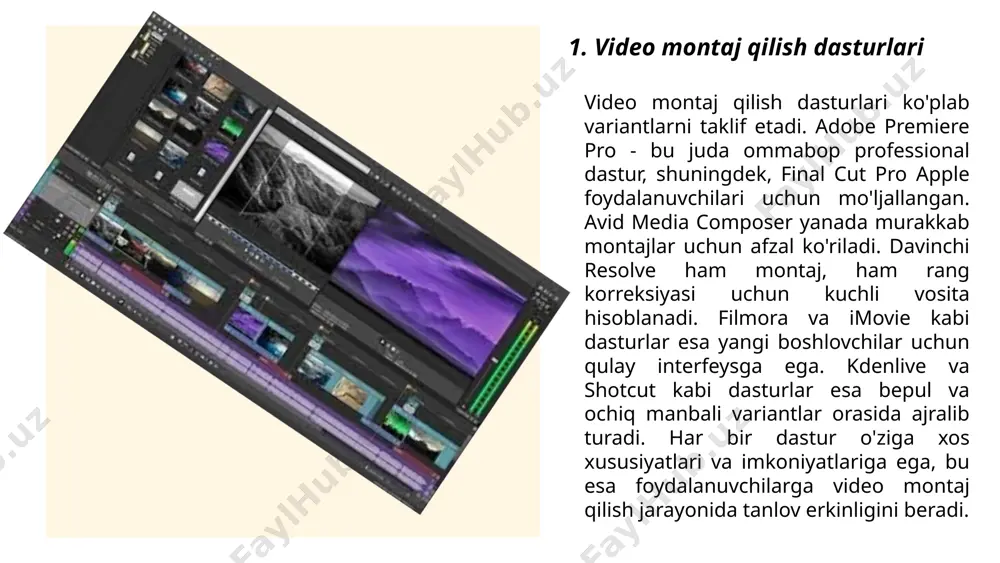 raqamli effektlar yaratish imkonini beradi. masalan, chroma keying texnologiyasi fonni olish uchun qo'llaniladi. motion tracking orqali esa ob'ektlarni videoda kuzatish va ularga effektlar qo'llash mumkin. ba'zi murakkab vizual effektlar uchun gpu (grafik protsessor) kuchidan foydalaniladi, bu rendering jarayonini tezlashtiradi. bugungi kunda ko'plab professional videolar, filmlar va reklamalarda ushbu turdagi effektlar keng qo'llanilmoqda. ... t.me/slaydai_bot 7. raqamli videomontaj 7. raqamli videomontaj bugungi kunda keng tarqalgan texnologiya bo'lib, u turli ko'rinishdagi audiovizual materiallarni yaratish, tahrirlash va optimallashtirish imkoniyatini beradi. videomontaj dasturlari, masalan, adobe premiere pro, final cut pro va davinci resolve, yuqori sifatli video loyihalarni amalga oshirishga yordam beradi. 2023 yilda, videomontajchilar orasida mashhur bo‘lgan davriy tendensiyalardan biri 4k va 8k sifatidagi videolarni ishlatishdir. raqamli kontent yaratishda ko'pincha mashinalarni o'rganish va sun'iy intellekt texnologiyalaridan foydalanish yanada rivojlanib bormoqda, bu esa murakkab tahrir vazifalarini avomatlashtirish imkonini beradi. video formatlarini konvertatsiya qilish – bu bir formatdagi videofaylni boshqasiga o‘zgartirish jarayoni. bu jarayon uchun turli …