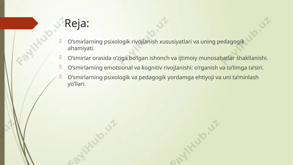 adi, bu esa o‘z-o‘zini anglashda va o‘z shaxsiyatini shakllantirishda katta rol o‘ynaydi. pedagogik nuqtai nazardan, o‘smirlarning psixologik rivojlanishini to‘g‘ri yo‘naltirish va qo‘llab-quvvatlash juda muhimdir. pedagoglar va ota-onalar o‘smirlarni qo‘llab-quvvatlashi, ular bilan muloqotda bo‘lishi va ularning ichki dunyosini tushunishga harakat qilishlari kerak. to‘g‘ri pedagogik yondashuvlar o‘smirlarning shaxsiy rivojlanishiga, ular uchun ijobiy va salbiy ta’sirlarni aniqlashga yordam beradi. o‘smirlar orasida o‘ziga bo‘lgan ishonch va ijtimoiy munosabatlar shakllanishi. o‘smirlik davri insonning shaxsiy rivojlanishining muhim bosqichlaridan biri hisoblanadi. bu davrda o‘ziga bo‘lgan ishonch shakllanadi va o‘smirlar o‘z kimligini izlashadi. o‘ziga ishonchning rivojlanishi, o‘smirning o‘ziga nisbatan ijobiy va salbiy fikrlarini anglashiga yordam beradi. o‘ziga bo‘lgan ishonch yuqori bo‘lgan o‘smirlar o‘zlarini yaxshiroq anglaydilar, o‘z fikrlarini ifodalashda erkinroq bo‘ladilar va qiyin vaziyatlarda qaror qabul qilishda mustahkam turadilar. biroq, o‘smirlar orasida o‘ziga ishonchni shakllantirish jarayoni ko‘pincha murakkab bo‘ladi. ularning o‘ziga bo‘lgan ishonchi ba’zan ijtimoiy muhit, ota-onalar, do‘stlar va o‘qituvchilar tomonidan berilgan baholar va fikrlar bilan shakllanadi. agar o‘smirlar …