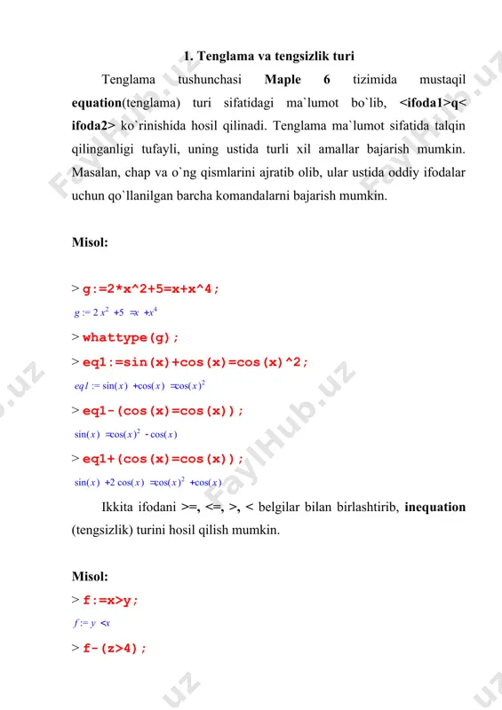 6 tizimining hosil qilgan o`zgaruvchisi bo`lib, x ni o`rniga almashtirilgan. index parametri yechimning nomerini ko`rsatadi. 3. trigonometrik tenglama va tengsizliklarni yechish trigonometrik tenglamalarning yechimi [-(, (] oralig`ida aniqlanadi. umumiy yechimni aniqlash uchun komandani qo`llashdan oldin, tizimning _envallsolution o`zgaruvchisiga true qiymatini ta`minlash kerak. misol: > eq:=sin(x)^2+2*sin(x)+1=0; > s:=solve(eq,x); > _envallsolution:=true; > s:=solve(eq,x); _z1~ tizimning maxsus o`zgaruvchisi bo`lib, faqat butun qiymatlar qabul qiladi. shuningdek tizimda _nn – musbat butun, _b – ikkilik(0 yoki 1) qiymatlar qabul qiladigan maxsus o`zgaruvchilar mavjud. tenglamalarni yechishni eval() yordamida tekshirish mumkin. misol: > eqns:={x+2*y=3, y+1ғx=1}; > sols:=solve(eqns,{x,y}); > eval(eqns,sols[1]); > eval(eqns,sols[2]); yechimlarni alohida ajratib ham ko`rsatish mumkin. misol: > x1:=eval(x,sols[1]); > y1:=eval(y,sols[1]); 4. yechimni tekshirishda map() va subs() komandalarini qo`llash tenglamaning yechimlari ko`p bo`lsa, map() va subs() komandalarini qo`llash maqsadga muvofiqdir. misol: > map(subs,[sols],eqns); solve() komandasini tenglamalar soni noma`lumlar sonidan kam bo`lganda ham qo`llash mumkin va yechimlar parametrik ko`rinishda hosil bo`ladi. misol: > eqn1:=x+2*y+3*z+4*t=41; > eqn2:=5*x+5*y+4*z+3*t=20; > …