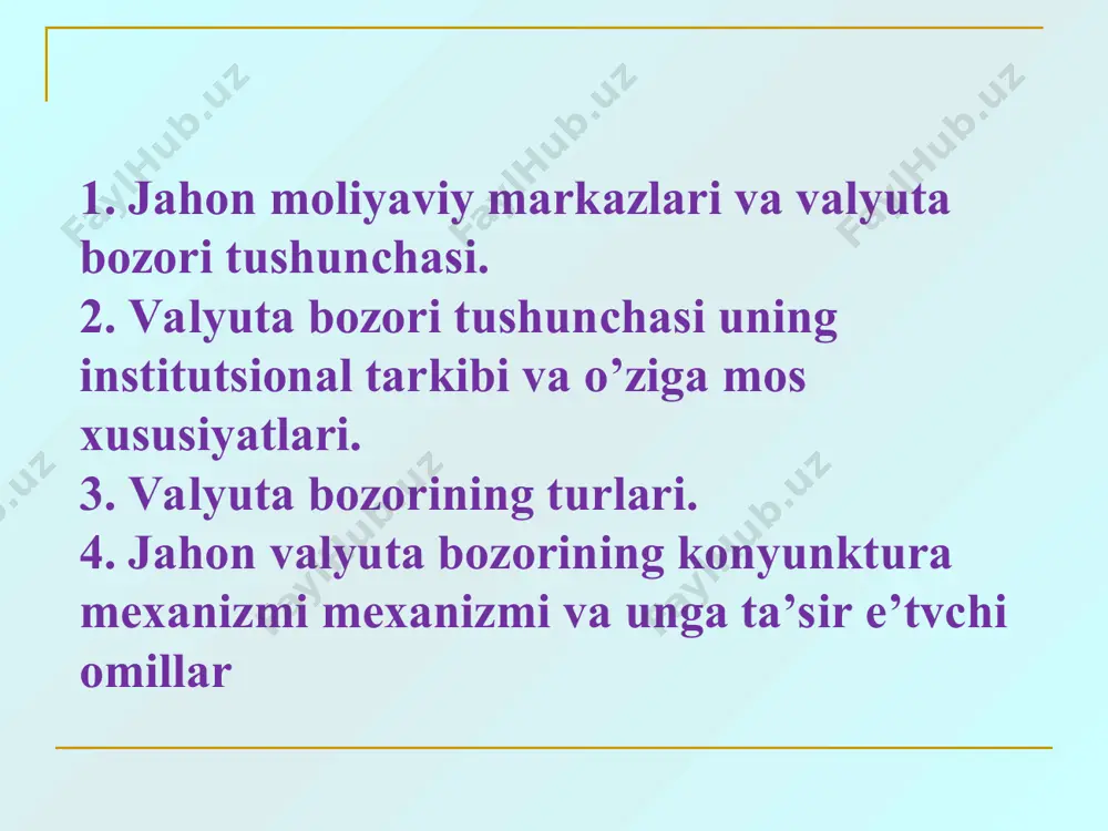 валютани тартибга солишга тегишли меъёрий ҳужжатлар ишлаб чиқади республика ички валюта бозорини (республика валюта биржаси ва биржадан ташқари валюта бозори) тартибга солади хорижий валюталарни сотиб олиш ва сотиш бўйича банклараро операцияларни амалга ошириш тартибини белгилайди хорижий валюта билан боғлиқ операцияларни амалга ошириш қоидаларини ўрнатади тижорат банкларига валюта операцияларини амалга ошириш ҳуқуқини берувчи лицензиялар беради валюта операциялари бўйича ҳисоб, ҳисобот ва ҳужжатлаштиришнинг ягона шаклини ўрнатади валюта чекловларини ўрнатади валюта операциялари бўйича статистик маълумотларни тайёрлайди ва чоп этади мамлакат ҳудудида валюта операцияларини тўғри амалга оширилганлиги устидан назоратни амалга оширади валюта курси режими тавсифи эркин сузиш режими (free float) курс фақатгина бозор таъсири асосида ўрнатилади бошқариладиган сузиш (managed float) марказий банк валюталарнинг кескин тебранишлари оқибатларини юмшатиш учун интервенцияларни амалга ошириб туради ўрмаловчи боғлиқликда (crawling peg) марказий банк валюта курсини аниқ бир даражада ушлаб туриш мақсадида валюта бозорида интервенцияларни амалга ошириб туради ўрнатилган чегарада қатъий белгиланган ёки мақсадли зоналар (fixed with margin or target …