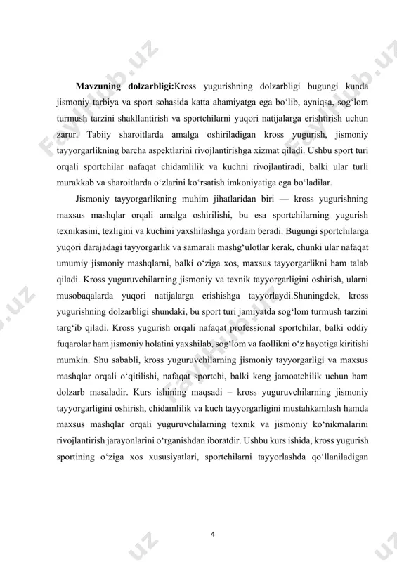 a, kross yugurish sportining o‘ziga xos xususiyatlari, sportchilarni tayyorlashda qo‘llaniladigan usullar, shuningdek, jismoniy tayyorgarlikning muhim komponentlari – chidamlilik, kuch va tezlikni oshirishga qaratilgan maxsus mashqlar tahlil qilinadi. kross yuguruvchilarining muvaffaqiyatli tayyorgarligini ta’minlash uchun zarur bo‘lgan metodik yondashuvlarni aniqlash, ularning jismoniy va texnik tayyorgarligini rivojlantirishga oid samarali mashqlarni belgilash va sportchilarning umumiy va maxsus kuchini oshirishda foydalaniladigan metodlarni o‘rganishdir. shuningdek, kross yuguruvchilarning musobaqalarda yuqori natijalarga erishishlari uchun qanday tayyorgarlik bosqichlari va mashqlarni samarali qo‘llash mumkinligini aniqlash ham kurs ishining asosiy maqsadlaridan biridir. kross yuguruvchilarning jismoniy tayyorgarligini oshirish, chidamlilik va kuch tayyorgarligini mustahkamlash hamda maxsus mashqlar orqali yuguruvchilarning texnik va jismoniy ko‘nikmalarini rivojlantirish jarayonlarini o‘rganishdan iboratdir. ushbu kurs ishida, kross yugurish sportining o‘ziga xos xususiyatlari, sportchilarni tayyorlashda qo‘llaniladigan usullar, shuningdek, jismoniy tayyorgarlikning muhim komponentlari – chidamlilik, kuch va tezlikni oshirishga qaratilgan maxsus mashqlar tahlil qilinadi.kross yuguruvchilarining muvaffaqiyatli tayyorgarligini ta’minlash uchun zarur bo‘lgan metodik yondashuvlarni aniqlash, ularning jismoniy va texnik tayyorgarligini rivojlantirishga oid …