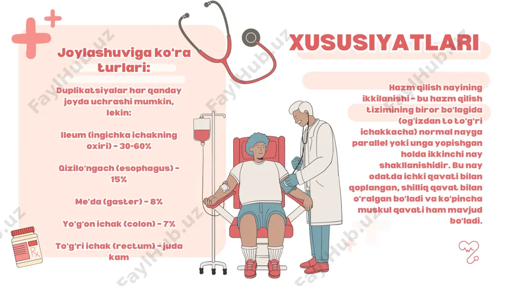 alar kommunikatsiyali va kommunikatsiyasiz duplikatsiyalar bu anomaliyaning aniq sababi noma’lum, lekin quyidagi nazariyalar mavjud: embriogenezdagi xatoliklar – 4–8 haftalik homiladorlik davrida hosil bo‘ladi. ichak kanalining noto‘g‘ri qayta ochilishi. notug‘ri yo‘nalgan mezenxim differensiasiyasi. bu anomaliyaning aniq sababi noma’lum, lekin quyidagi nazariyalar mavjud: embriogenezdagi xatoliklar – 4–8 haftalik homiladorlik davrida hosil bo‘ladi. ichak kanalining noto‘g‘ri qayta ochilishi. notug‘ri yo‘nalgan mezenxim differensiasiyasi. etiologiyasi (sabablari): etiologiyasi (sabablari): liceria & co.liceria & co. belgilar duplikatsiyaning joylashgan joyiga va o‘lchamiga qarab farqlanadi: og‘riq (qorin sohasida) – eng keng tarqalgan simptom. ichak tutilishi (ileus) qon ketishi – agar yara bo‘lsa. yallig‘lanish – infeksiya yoki ichak o‘ralishiga olib kelishi mumkin. kistalarning kattalashishi – bosim berib qo‘shimcha simptomlar keltirib chiqaradi. belgilar duplikatsiyaning joylashgan joyiga va o‘lchamiga qarab farqlanadi: og‘riq (qorin sohasida) – eng keng tarqalgan simptom. ichak tutilishi (ileus) qon ketishi – agar yara bo‘lsa. yallig‘lanish – infeksiya yoki ichak o‘ralishiga olib kelishi mumkin. kistalarning kattalashishi – bosim berib …