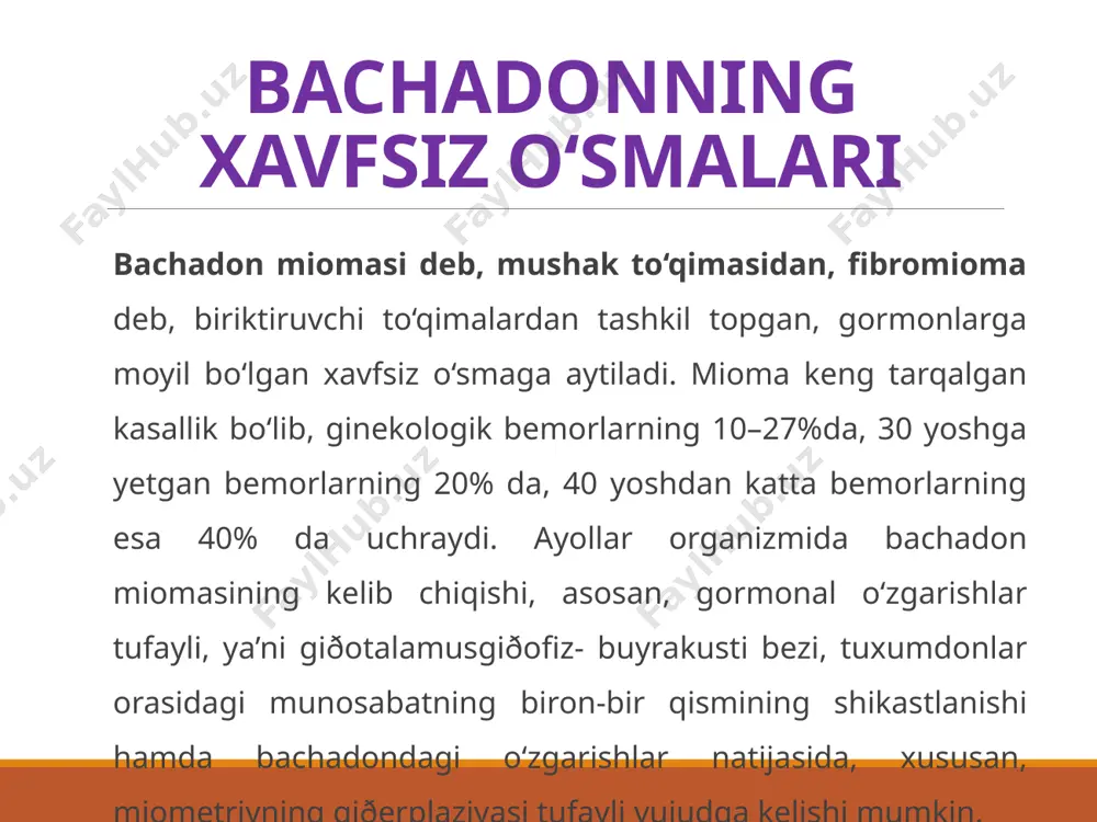 ikkilamchi rak 60–50 % hollarda seroz papillyar o‘smalar rakka aylanishidan rivojlanadi, tez o‘sib, suyuqliklar hajmi oshib, assit paydo bo‘ladi. 17–20% hollarda musinoz kistomalar rakka aylanadi. ularning malignizatsiyasi asta-sekin, ko‘pincha 50 yoshdan keyin kuzatiladi. metastatik rak (10–30%) tuxumdonga, asosan, oshqozon va ichak rakidan limfa va qon orqali o‘tadi. shuning uchun tuxumdonda siljimaydigan, notekis, qattiq konsistensiyali o‘sma topilsa, albatta, oshqozon ichak yo‘llarini endoskopiya, irrigoskopiya, rentgenografiya usullari bilan tekshirish kerak. chunki, metastazli rakni operatsiya yo‘li bilan davolab bo‘lmaydi. image2.png image3.png image4.png image5.png