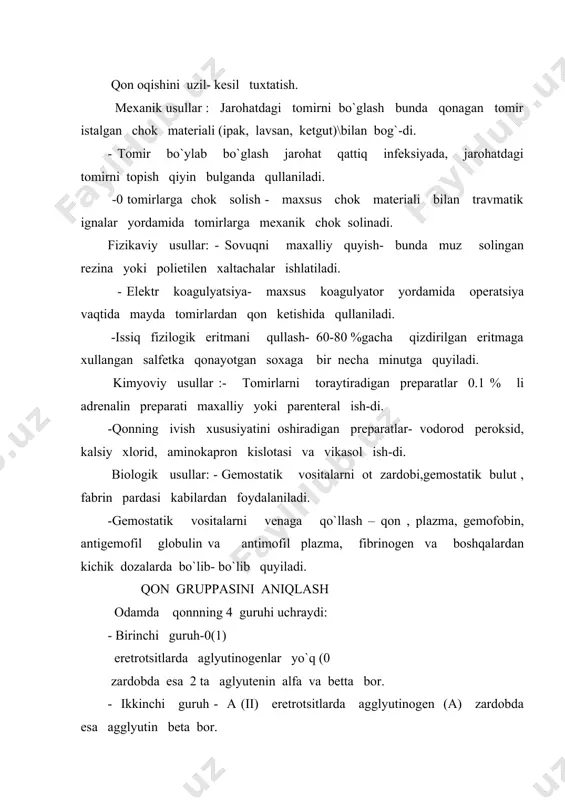 iz. eritma qo`shialdi. agar natijada: a) uchala aralashtirlgan tomchilarda aglyutinatsiya ro`y bermasa, bu tekshirilayotgan qon o(i), b) o(i) va b(iii) zardobalr bilan aglyutinatsiya ro`y bersa qon guruhi a(ii) bo`ladi. b (i) hamdaa (ii) zardobi bilan aglyutinatsiya ro`y bersa, b (iii) qon guruhi bo`ladi. g) uchala aralashtirilgan z ardobgda aglyutinatsiya reaksiyasi bo`lsa, ab(iv ) guruhi bo`ladi. xato qilmaslik uchun guruhi 2 seriyadagi standart zardob bilan aniqlanadi. agar uchala zardob bilan aglyutinatsiya ro`y bersa ab (iv) qon guruhini ab (iv) qon guruhi zardobi bilan qo`shimcha aniqlash o`tkazish zarur\ bo`ladi qon qo`yish qon quyiosh tirik to`qimani ko`chirib o`tkazish bo`lib, bemor organizmiga xar tomonlama ta`sir q iladi. shuninig uchun xam bu mutloq ko`rsatmalar bo`lgandagina bajarilishi shart. qon qo`yish qat`iy tartib bilan amalga oshiriladi. retsipientnin qon guruhi va rezus mosligi aniqlanadi. donor qoni to`g`risida ham ana shunday ma`lumotlar bo`lishi kerak. qon qo`yishdan oldin bu ko`rsatkichlar yana bir bor aniqlanadi. mos kelish kelmaslikka va rezus mos …