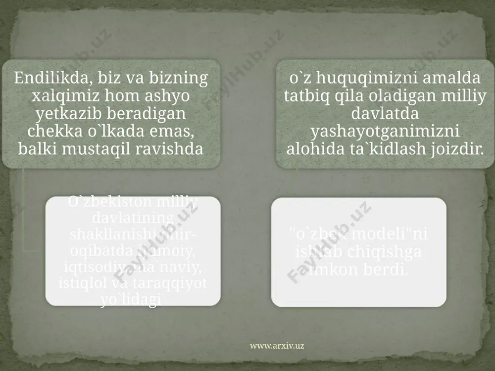 iyat yurgazadigan bо`ldilar, viloyat bо`ysunuvidagi shaharlarning huquqiy maqomidagi ushbu о`zgartirishlar davlat siyosatidan kelib chiqqan holda, mahalliy hokimiyatlarning kо`pgina vakolatlarini fuqarolarning о`zini о`zi boshqarish idoralariga, hususan mahallalarga topshirish oqibatida yuz berdi. www.arxiv.uz о`zbekiston respublikasi viloyatlar, tumanlar, shaharlar, shaharchalar,qishloqlar,ovullar,shuningdek qoraqalpog`iston respublikasidan iborat.(konstitutsiyaning 68-moddasi) ushbu moddani sharhlashdan oldin shuni ta`kidlash lozimki, tarixiy voqealar va jahon davlatlarining hozirgi rivojlanish tajribasi davlat va ma`muriy-hududiy tuzilish muammolari siyosiy va yuridik nuqtai nazaridan juda dolzarb ekanligini kо`rsatmoqda www.arxiv.uz о`zbekiston respublikasida ma`muriy-hududiy tuzilish, toponomik ob`yektlarga nom berish va ularning nomlarini о`zgartirish masalalarini hal etish tartibi tо`g`risidagi qonunning 10-moddasiga kо`ra "viloyat bо`ysunuvidagi shaharlar turkumiga, kamida 30 ming aholisi bо`lgan, muhim ma`muriy ahamiyat kasb etadigan, istiqbolli iqtisodiy va madaniy markazlar deb hisoblangan shaharlar kiritilishi mumkin". www.arxiv.uz shunisi e`tiborliki, qonunda shaharlarning huquqiy maqomini kо`yish haqida huquqiy me`yorlar mavjud, ammo ularning maqomini tushirish haqida hech qanday me`yorlar berilmagan. bu qonunning kamchiligi, albatta. chunki ma`lum bir ob`yektiv yoki sub`yektiv sabablarga kо`ra ayrim aholi …