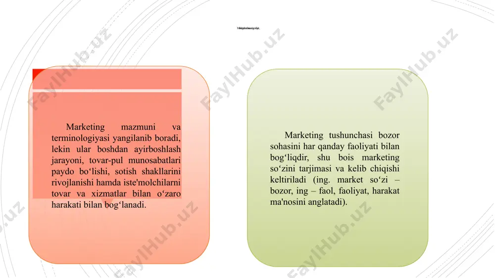 ahlil etish. bozor tarkibini aniqlash; talabni oʻrganish; marketing quyidagilarni oʻrgatadi: bozorni oʻrganishni; uni taqsimlashni; marketing siyosatini olib borishni; tovar siyosatini; narx siyosatini; taqsimot siyosatini; siljitish (yoʻnaltirish) siyosatini; tovarlarni joylashtirishni; yuksalish, qoʻshimcha xizmatlarni (plus) - (bunga marka, sotishdan keyingi xizmat, kafolat va texnik yordam, etkazib berish, assortiment, shaxsiy iste'mol va boshqalarni kiritish mumkin). 1.2. marketingni vujudga kelishi va rivojlanishining asosiy bosqichlari marketingni asosiy elementlarini tashkil topishi – bozorni tadqiq qilish va tahlil etish, narxni tuzilishi tamoyili; servis siyosati –sayrus makkormek nomi bilan bogʻlanadi. 1902 yildan boshlab aqshning (michigan, kaliforniya, illinoys) universitetlarida marketing muammolari boʻyicha («tovarlar marketingi», «marketing uslublari» fanlari va boshqalar) fanlar kiritilib, ma'ruzalar oʻqitila boshladi. yillar marketingda roʻy bergan oʻzgarishlar 1902 yil aqsh da mustaqil ravishda marketing kursini oʻqitish boshlandi. 1908 yil ilk bor tijorat marketing tashkiloti tuzildi. aqshning yirik sanoat kompaniyalarida birinchi marketing boʻlimlari tashkil etildi. 1920 yil xalqaro savdo palatasi tashkil topdi. 1926 yil aqshda milliy marketing va …