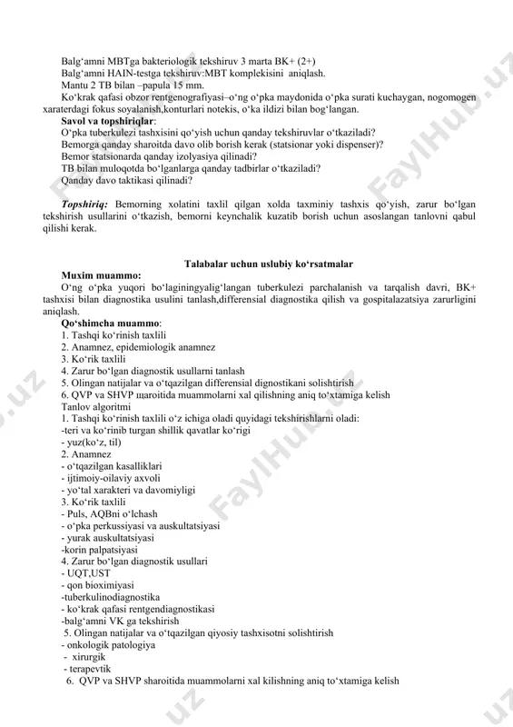 ygan. perkussiya: o‘ng o‘pka yuqori soxasida tovush bo‘g‘iqlashgan.auskultatsiya: o‘ng o‘pka yuqori qismida sust nafas fonida nam xirilashlar. puls ritmik, minutiga 82 ta, a/d 120/80 mm simob ust. auskultatsiya:yurak tonlari bo‘g‘iqlashgan, ritmik. tili oq karash bilan qoplangan,nam.palpatsiyada qorni yumshoq og‘riqsiz.jigar +2+3+2sm, zichlashgan.taloq palpatsiya qilinmadi.ich kelishi regulyar sutkada 1 marta. peshobi regulyar. labarator tekshiruv: qvp sharoitida: uqa: n - 90 g/l; leykotsit –11,2x910; limfotsit - 8%, echt - 45 mm/s; ust norma kasalxonada: balg‘amni mbtga bakteriologik tekshiruv 3 marta bk+ (2+) balg‘amni hain-testga tekshiruv:mbt komplekisini aniqlash. mantu 2 tb bilan –papula 15 mm. ko‘krak qafasi obzor rentgenografiyasi–o‘ng o‘pka maydonida o‘pka surati kuchaygan, nogomogen xaraterdagi fokus soyalanish,konturlari notekis, o‘ka ildizi bilan bog‘langan. savol va topshiriqlar: o‘pka tuberkulezi tashxisini qo‘yish uchun qanday tekshiruvlar o‘tkaziladi? bemorga qanday sharoitda davo olib borish kerak (statsionar yoki dispenser)? bemor statsionarda qanday izolyasiya qilinadi? tb bilan muloqotda bo‘lganlarga qanday tadbirlar o‘tkaziladi? qanday davo taktikasi qilinadi? topshiriq: bemorning xolatini taxlil …