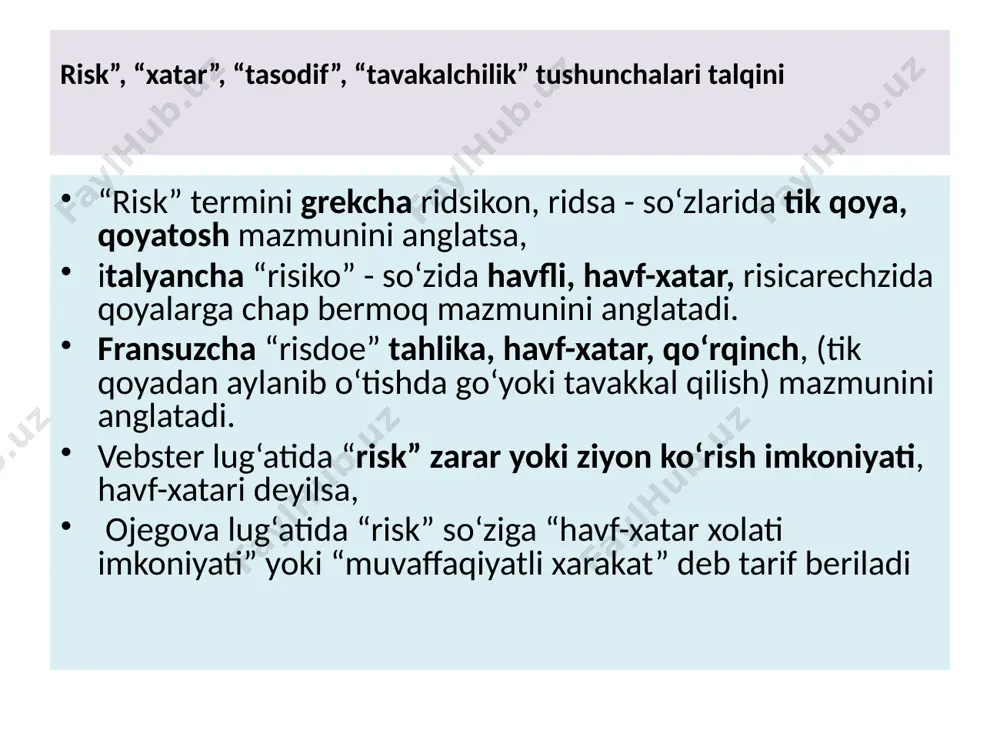 ktlarini, shuningdek tushumlarini xavfidan himoya qilishdir. “risklarni boshqarish ” fani boshqa fanlar bilan bog‘liqligi “soliqlar va soliqqa tortish”, “jismoniy shaxslarni soliqqa tortish”, “yuridik shaxslarni soliqqa tortish” “soliq nazariyasi”, “enometrika”, “statistika”, “ehtimollar nazariyasi”, “davlat moliyasi” , buxgalteriya hisobi”, “riskalogiya”, “moliyaviy tahlil”, “iqtisodiy tahlil” va shu kabi boshqa fanlar. sof (toza) risk – manfiy yoki nol natija olishni anglatadi. spekulyativ risklar ijobiy va salbiy natijalarga erishishni anglatadi. tijorat risklari (aslida, tadbirkorlik) moliyaviy-xo‘jalik faoliyati jarayonida yo‘qotish riskini keltirib chiqaradi. spekulyativ risk – bu qulay va neytral oqibatlarga qo‘shimcha ravishda, qulay oqibatlarga olib keladigan (foyda, yutuq) imkoniyatlarni ham nazarda tutadigan xavf. spekulyativ tavakkal holatida subyekt nafaqat yutqazish (yo‘qotish), balki foyda olish (yutish) imkoniyatiga ham ega. tabiiy xatarlarga tabiatning tabiiy kuchlarining namoyon bo‘lishi bilan bog‘liq xatarlar kiradi: zilzilalar, toshqinlar, bo‘ronlar, yong‘inlar, epidemiyalar va boshqalar. ekologik xavf – bu atrof-muhitdagi salbiy o‘zgarishlarning kelib chiqishi yoki bu o‘zgarishlarning uzoq muddatli salbiy oqibatlarining atrof-muhitga salbiy ta’siridan kelib chiqishi. …