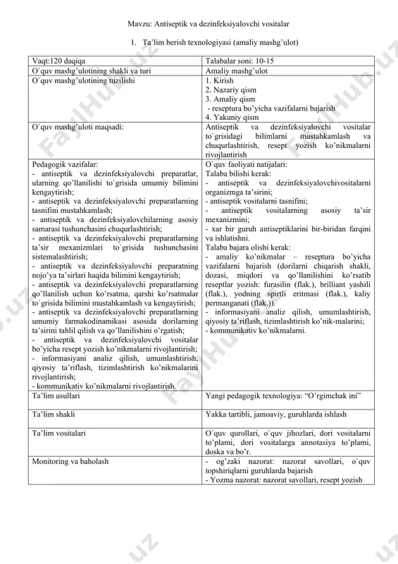 sadi va undan kutilayotgan natijalarni tushuntiradi. 1.3. mashg’ulot rejasi va uni o’tkazish xususiyatlari bilan tanishtiradi 1.4. talabalarninig bilimlarini va amaliy ko’nikmalarini baholash mezonlari bilan tanishtiradi 1.1. tinglaydi 1.2. tinglaydi, yozib oladi. 1.3. tinglaydi, aniqlashtiradi, savollar beradi 1.4. tinglaydi, aniqlashtiradil, savollar beradi 2-bosqich. nazariy qism (65 daq.) 2.1. mavzuning kalit savollari bo’yicha savol-javob o’tkazadi va talabaning tayyorgarlik darajasini aniqlaydi. 2.2. talabalar tomonidan to’liq o’zlashtirilmagan savollarga tushuntirish beradi 2.3. talabalarni kichik guruhlarga bo’ladi. kichik guruhlarda yechish uchun vaziyatli masalalar va ulardan kelib chiquvchi prezentastiyalarni bajarish topshirig’ini beradi. 2.4. prezentastiyalarni, ularni muhokamasini va guruhlarni chiqishlarini o’zaro baholashni tashkillashtiradi. 2.5. mashg’ulot uchun rejalashtirilgan interaktiv o’yin “o’rgimchak ini” ning senariysini aytib o’tadi. o’tkazilishini tashkillashtiradi. interaktiv o’yin asosida talabalarni bilimlarini faollashtiradi. xulosa qiladi. 2.6. tarqatma materiallarni ko’rsatadi. 2.1. savollarga javob beradi 2.2. tinglaydi. 2.3. kichik guruhlarga bo’linadilar, guruhlarda vaziyatli masalalarni yechadilar 2.4. guruhlar o’z yechimlari bilan prezentastiyalarini taqdim etadilar, qolgan ishtrokchilar guruh taqdimotini baholaydilar, savollar beradi, …