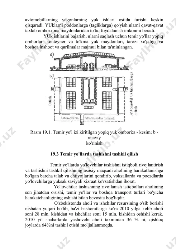 uchun kerak bo'ladi. tarozibon tomonidan har bir ortilgan vagon uchun vagon varaqasi (vagonno'y list) tuzilib, unda vagon va yuk jo'natilmalari haqidagi ma'lumotlar, nakladnoy raqam bilan ko'rsatiladi. vagon varaqasi bo'yicha tushirish vaqtida yukning mavjudligi tekshiriladi va poezd massasini topishda vagonlardagi yuklar massasi hisobga olinadi. yuklarni tashish xujjatlari texnik idoraga yuborilib, u erda har bir tuzilgan vagonlar tarkiblari uchun poezd xujjati- natura varag'i tuziladi. natura varag'ida poezd raqami, poezd tuzilgan va etib borish stantsiyalari, vagonlarning tarkibdagi tartib raqamlari, poezd massasi, uzunligi va boshqa ma'lumotlar ko'rsatiladi. natura varag'i bo'yicha poezdlar qabul qilinadi va topshiriladi, yuk hujjatlari teriladi, qabul qilinadi va topshiriladi, stantsiyalarda poezdlar tarqatiladi va qayta tuziladi. temir yo'l transportida, hamda aralash temir yo'1-avtomobil va temir yo'l-suv aloqa yo'llarida yuklarni konteynerlarda tashish keng tarqalgan. konteyner parki temir yo'llarning universal konteynerlaridan va maxsus (tez buziluvchan, quyib tashiladigan va boshqalar), yuk jo'natuvchilarga tegishli konteynerlardan iborat. katta tonnajli, massasi 20t va undan ko'p bo'lgan konteynerlarda yuklarni …