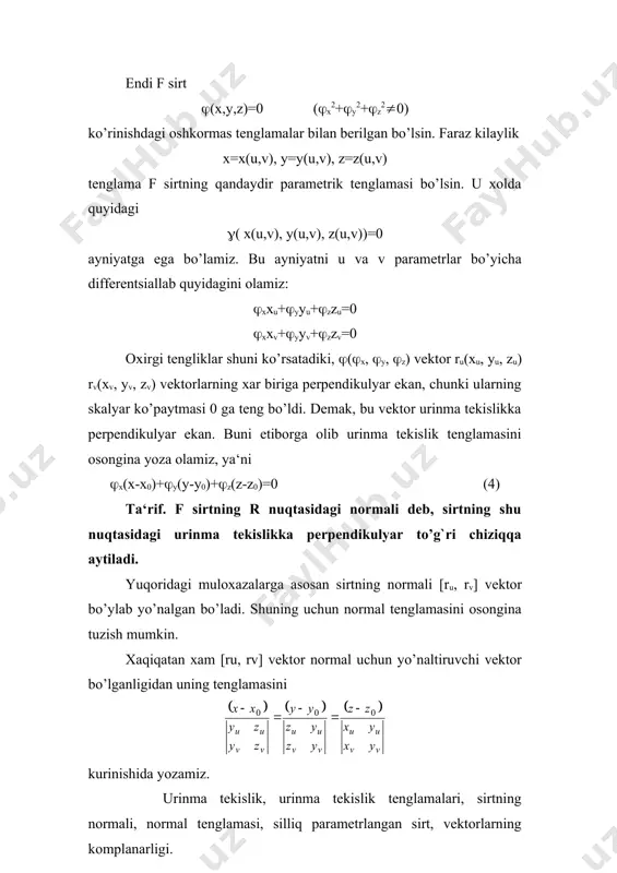 . a=0, b=0 bo’lsin. bu holda (8) tenglama cz+d=0 yoki z   d (c0) c ko’rinishni oladi. bu tenglama ox o’qi bilan oy o’qqa parallel tekislikni yoki, boshqacha aytganda, xoy tekislikka parallel tekislikni tasvirlaydi. bu tekislik xoy tekislikdan h   cd (c  0) masofa uzoqdan o’tadi. (9- chizma) 9. b=0, c=0 bo’lsin. bu holda (8) tenglama ax+d=0 yoki x   d (a 0) a ko’rinishida bo’lib, yoz tekislikka parallel, undan k   da masofa uzoqlikda yotgan tekislikni tasvirlaydi. (10-chizma) 10. a=0, c=0 bo’lsin. bu holda (8) tenglama by+d=0yoki y   d (b 0) b ko’rinishni oladi va bu tenglama xoz tekislikka parallel bo’lib, undan l   d masofa b uzoqlikda yotgan tekislikni tasvirlaydi. (11-chizma) 11. a=0, b=0, d=0 bo’lsin. bu holda (8) tenglama cz = 0 => z=0 (c 0) ko’rinishni oladi. 1 va 8 –hollardagi natijalarga asosan bu tenglama xoy tekislikni tasvirlaydi. …
