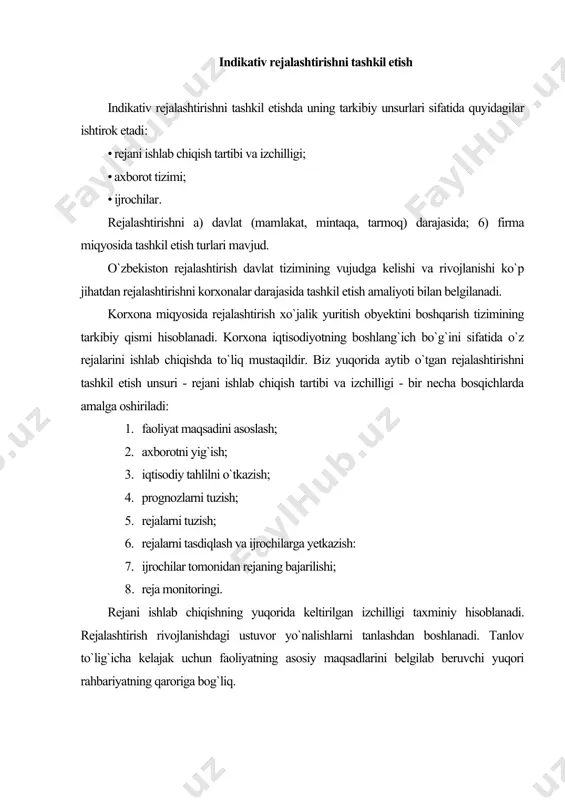 orotni baholash sifatida iqtisodiy ishning mustaqil unsuri sifatida ko`rib chiqiladi. ushbu jarayon iqtisodiy shaxs faoliyatining bo`lajak shart-sharoitlari va natijalarini baholash maqsadida o`tmishdagi va hozirdagi iqtisodiy, tijorat, kadrlar sohasidagi va boshqa holatlar haqidagi ma’lumotlarni o`rganishga asoslangan. tahlil rejalashtirishning majburiy boshlang`ich bosqichi hisoblanadi va quyidagilarni o`z ichiga oladi: iqtisodiy hisob-kitoblar; faoliyatdagi ijobiy jihatlarni aniqlash; faoliyatdagi salbiy jihatlarni aniqlash, shu jumladan uning paydo bo`lishi sabablarini o`rganish; faoliyatni baholash; faoliyatni yaxshilashga doir tavsiyalar ishlab chiqish. rejalashtirishni tashkil etishning navbatdagi bosqichi - rejalarni tuzish. u ko`p sonli hisob-kitoblarni o`z ichiga oladi. reja ko`rsatkichlarini tasdiqlash jarayoni reja loyihasining dastavval manfaatdor tuzilmaviy bo`g`inlar tomonidan, so`ngra esa yuqori rahbariyat tomonidan muhokama etilishini nazarda tutadi. rasmiy rejalarning tasdiqlanishi bayonnoma, buyruq yoki farmoyish bilan qayd etiladi. tasdiqlanganidan keyin rejalar ijrochilarga, ya’ni: tarkibiy bo`linmalar, bo`limlar, xizmatlar va alohida xodimlarga yetkaziladi. rejalarni bajarish ishlari boshlanadi va bunda menejerlar katta rol o`ynaydi. rejalarni bajarish jarayoni, birinchidan, mablag`larning sarflanshiga qarab, ikkinchidan, bajarish vaqtiga qarab, …