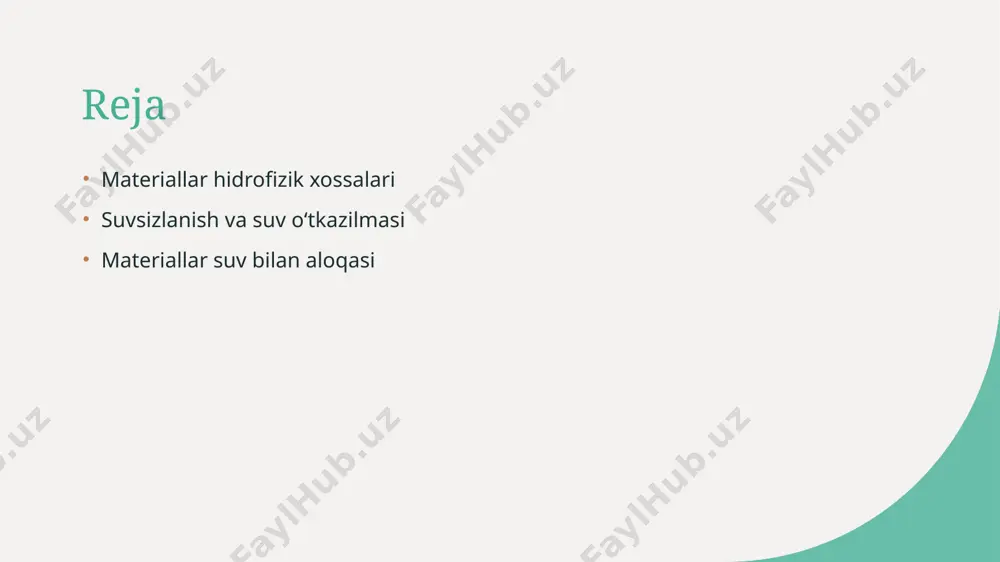 i o'rganiladi. 2 suv oʻtkazilmasi materiallar suvni oʻtkazish, suvga nisbatan faol bo'lishi, va suv bilan interaksiyada bo'lishi mumkin. bu xossalarni o'rganish, materiallar suvni qanday o'zlashtirishi bilan bog'liq. 3 materiallar suvni yoʻqotish darajasi materiallar suvni yo'qotish darajasini bilish, suvni qanday yo'qotish, suvni materiallar ustidan o'tkazishning o'z xususiyatlari va ta'sirini tushuntirishga yordam beradi. suvsizlanishning materiallar bilan oʻzaro taʼsiri materiallar suv bilan taʼsir qilishga moʻljallangan vaqtlarda, suvsizlanishning materiallar bilan oʻzaro taʼsiri juda muhimdir. bu, materialning suvni qabul qilish va uning suvni otish xususiyatlarini oʻrganishda katta ahamiyatga ega. suvsizlanish, suvpermeabilitet va hidrofoblik xususiyatlari materiallarning funktsional sozishiga toʻliq taʼsir qilishi mumkin. photo by gino marcelo hernandez sanchez on unsplash suvsizlanishning xosil materiallarga taʼsiri xosil materiallar xosil materiallar, suvsizlanish jarayonida suv bilan o'zaro ta'sir ko'rsatadigan materiallardir. ular suv bilan aloqada o'zlashtirish va suvni yo'qotishda muhim rol o'ynaydilar. xosil materiallar suvga qarshi bu turdagi materiallar suvga qarshi bo'lgan xossalarga ega bo'lib, suvni yo'qotish va suvning o'rtacha o'tkazilmasi …