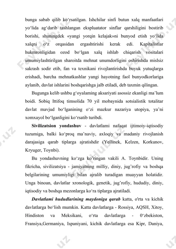 qtriya davlatlari paydo bo‘lgan. 0‘rta asr davlatlariga 0‘zbekiston hududida paydo bo‘lgan va rivojlangan somoniylar, qoraxoniylar, saljuqiylar va ashtarxoniylar davlatlari misol bo‘la oladi. hozirgi zamon davlatlariga ayni vaqtda rivojlanayotgan 0‘zbekiston, qozog‘iston, qirg‘iziston kabi davlatlami kiritish mumkin. tarixiy va madaniy rivojlanishiga ko‘ra agrar (dehqonchilik bilan shug‘ullanuvchi) hamda industrial (sanoat bilan shug‘ullanuvchi) davlatlar rirqlanadi. agrar davlatlaming aksariyati osiyo hududida joylashgan be lib, ular xalqlarining turmush tarzi va tirikehilik manbai asosan qishloq xo'jaligi bilan shug‘ullanishga moslashgan. sanoat bilan shug‘ullanuvchi davlatlar sifatida ko‘proq yaponiya, aqsh va yevropa mamlakatlarini qayd etish mumkin. 0‘zbekiston respublikasi sanoatlashgan agrar davlat rpiga kiradi. ma’rifiylik tavsifiga ko‘ra davlatlar sharq va fapb tiplariga bo‘linadi. shurq davlatlariga osiyo hududida joylashgan davlatlami, o‘arb latlariga yevropa mintaqasi mamlakatlarini misol qilib ko‘rsatish manikin. mamlakatning iqtisodiy rivojlanishi va aholi jon boshiga to‘g‘ri ccladigan yillik yalpi ichki mahsulotning (yaim) hajmi bo ‘yicha yuksak urajada rivojlangan (singapur, janubiy koreya, shveysariya, yaponiya, -merika), o‘rta darajada rivojlangan (rossiya, qozog‘iston, 0‘zbekiston) v …