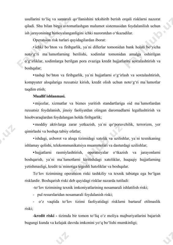 a turdagi risklarning amaliyotda ko‘rinishi va o‘z vaqtida ularning bartaraf etilmasligi tizimli risklarni keltirib chiqadi va tizimning barcha elementlariga salbiy ta`sir etadi. tizimli risklarning xavf-xatar darajasi uni keltirib chiqargan riskning xavf - xatar darajasi bilan bog‘liq. ichki va tashqi risklar tizimli risklarni keltirib chiqarish uchun asos hisoblanadi. tizimli risklarning amaliyotda ko‘rinishi to‘lov ishtirokchilarning o‘z vaqtida majburiyatlarini bajarishga to‘lov tizimining ishlash faoliyati buzilishi ta`sir etib, u nafaqat tizimning barqarorligiga xavf soladi, balki moliyaviy bozorga ham ta`sir etadi. bank maxsulotlarini sotishdagi strategik yo‘nalish, bank tarakkiyotining muhim muammosi bo‘lib hisoblanadi. umumiy ma`noda ularni funksional-obyekt yo‘nalishli, asosiy maqsadi bir guruh bank mahsulotlarini sotish yo‘li bilan yoki mijozlar ma`lum guruhining alohida bank mahsulotlariga bo‘lgan ehtiyojlarini kondirish yo‘li bilan daromad olishdan iborat banklarga ajratish mumkin. naqd pulsiz hisob-kitoblar va to‘lov tizimi 1-jadval bank mahsulotlarining risk darajasi. № 1 2 3 4 5 6 7 8 9 10 банк маҳсулоти маҳсулотнинг товар-қиймат хусусияти хавф-хатар параметрлари (потенциал) ссуда …