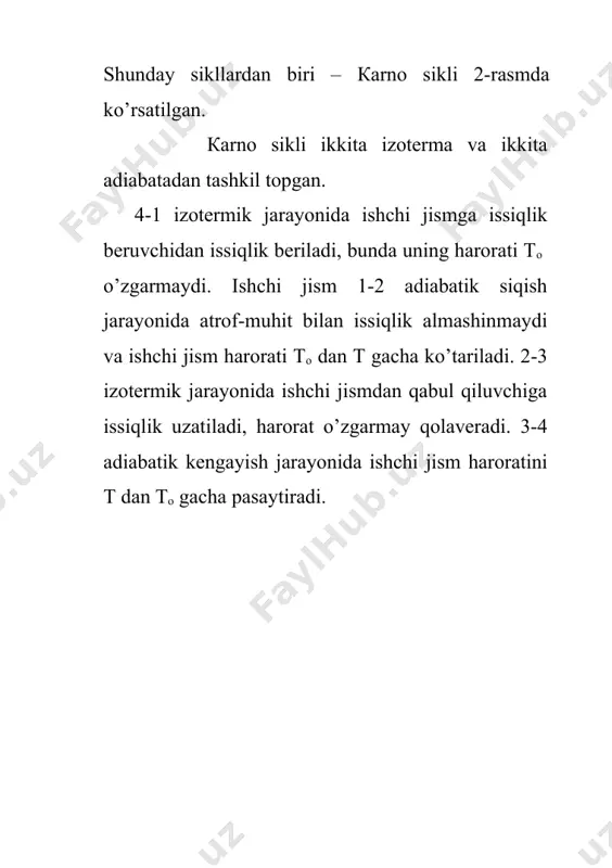 v yoki havoga o’tadi. (2-3 jarayon) haroratlar farqi mavjudligida bo’ladigan issiqlik almashinish jarayoni qaytmas jarayondir. har qanday qaytmas jarayonda energiya “yo’qoladi”,* haroratlar farqi tufayli paydo bo’luvchi yo’qotuvlar sovitish mashinasida qo’shimcha ish sarflashga sabab bo’ladi. lekin haroratlar farqini kamaytirish issiqlik almashinish apparatlarining yuzasini oshirishga olib keladi. shuning uchun, issiqlik almashinish apparatlari haddan tashqari katta va qimmat bo’lmasligi kerak. biz ko’rib o’tgan кarnoning teskari siklini amalga oshirish uchun l mexanik ish bajarish zarur. shuni ta’kidlash o’rinliki, bu siklni amalga oshirish uchun tashqaridan issiqlik energiyasini sarflasa bo’ladi. sarflanuvchi energiya turiga ko’ra sovitish mashinalarini ikki guruhga bo’lish mumkin. birinchi guruhga kompression sovitish mashinalari kiradi. bularning o’zi ham sovutuvchi agent turiga ko’ra ikkiga: havo va bug’ sovitish mashinalariga bo’linadi. hozirgi davrda bug’ kompression mashinalari keng tarqalgan. ularning ishchi jismi atmosfera bosimida past qaynash haroratiga ega. bu ishchi jismlar takrorlanuvchi aylanma jarayon sodir qilib, o’z agregat holatini o’zgartiradi: suyuqlikdan bug’ga, bug’dan suyuqlikka aylanadi. bug’ kompression sovitish …