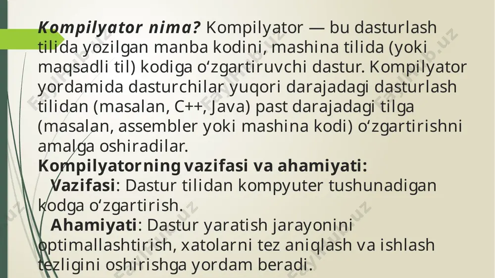 shina tiliga o‘zgartirgandan so‘ng, dastur juda tez ishlaydi. chunki mashina kodi to‘g‘ridan-to‘g‘ri kompyuter tomonidan bajariladi, va undan keyin kodni qayta ishlash talab qilinmaydi. bu, ayniqsa, katta hajmdagi dasturlar uchun juda muhim. kodning to‘g‘riligi va sintaksis xatolarini tezda aniqlash kompilyatorlar dastur kodidagi sintaksis va semantik xatolarni dastlabki tahlil bosqichlarida tezda aniqlaydi. dasturchi kodni yozish jarayonida xatolarni tezda topishi mumkin, bu esa xatoliklarni tuzatishga va dastur ishlab chiqish jarayonini tezlashtirishga yordam beradi. kodni optimallashtirish kompilyatorlar kodni avtomatik ravishda optimallashtirishi mumkin. masalan, keraksiz kod qismlari olib tashlanadi, tsikllar optimallashtiriladi, va boshqa turli xil samarali usullar qo‘llanadi. bu dastur ishlash tezligini oshiradi va resurslardan samarali foydalanishga yordam beradi. kompilyatorning dasturchi uchun kamchiliklari: kompilyatsiya vaqti kompilyatorlar kodni mashina tiliga o‘zgartirishda ba'zan uzoq vaqt talab qilishi mumkin. katta hajmdagi dastur yoki murakkab optimallashtirishlar mavjud bo‘lsa, bu jarayon jiddiy kechikishi mumkin. ayniqsa, tez-tez ishlatiladigan testlar va iteratsiyalar bilan dastur ishlab chiqishda kompilyatsiya vaqti sekinlashishi mumkin. kompilyatorlar tomonidan …
