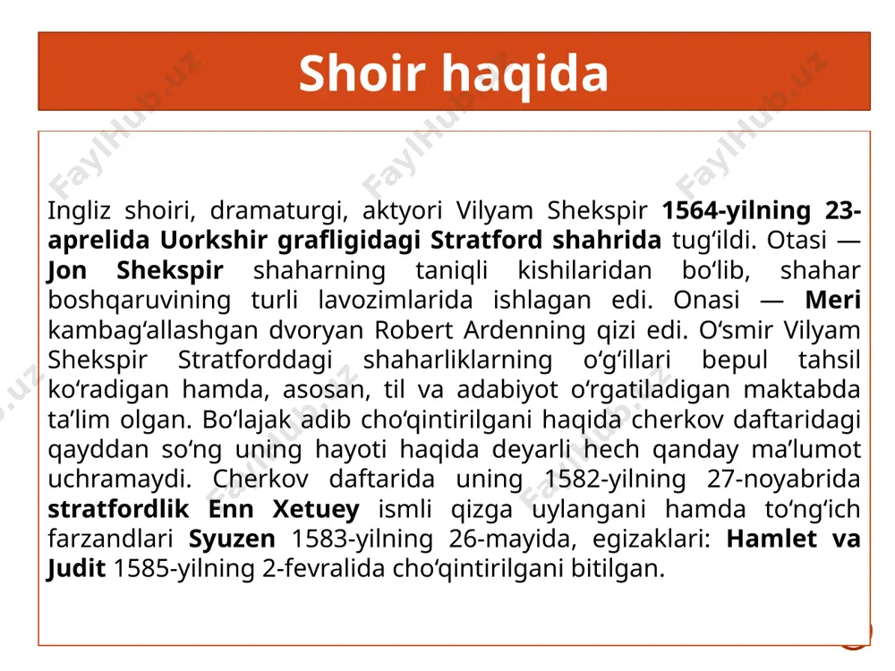 еtti yil o‘tgach, dunyo yuzini ko‘rdi. ijodiy merosi ijodiy umri mobaynida v. shеkspir o‘ttiz olti dramatik asar, 154 sonеt va bir nеcha doston yozgan. lеkin bulardan birortasi ham muallif hayotligida chop etilmagan. tragediyalari “qirol lir” “romеo va julеtta” (1594–1595) “hamlеt” (1601) “otеllo” (1604) “makbеt” (1606) komediyalari “yoz kеchasidagi tush” “vеnеtsiya savdogari” “o‘n ikkinchi kеcha” “hamlet” tragediyasi haqida inson aqli va tuyg‘ularining eng nozik, chigal jihatlari yuksak san’atkorlik bilan tasvirlangan “hamlet” fojiasi juda mashhur. bu asar ilk bor xx asrning 30-yillarida cho‘lpon tomonidan o‘zbekchaga o‘girilgan. o‘zbekiston xalq shoiri jamol kamol ushbu tragediyani asliyatdan tilimizga tarjima qilgan. asar qahramonlari hamlet. avvalgi qirolning o‘g‘li, hozirgi qirolning jiyani. klavdiy. daniya qiroli. horatsio. hamlеtning do‘sti. marsеll. askar. poloniy. saroy noziri. laert. poloniyning o‘g‘li. rozеnkrans. gildеnstеrn. aktyorlar, ikki masxaraboz – go‘rkov. gеrtruda. daniya qirolichasi, hamlеtning onasi. ofeliya. poloniyning qizi. hamlеt otasining arvohi. e’tiboringiz uchun rahmat! foydalanilgan adabiyot: adabiyot: umumiy o‘rta ta’lim maktablarining 9-sinfi uchun darslik. qayta …