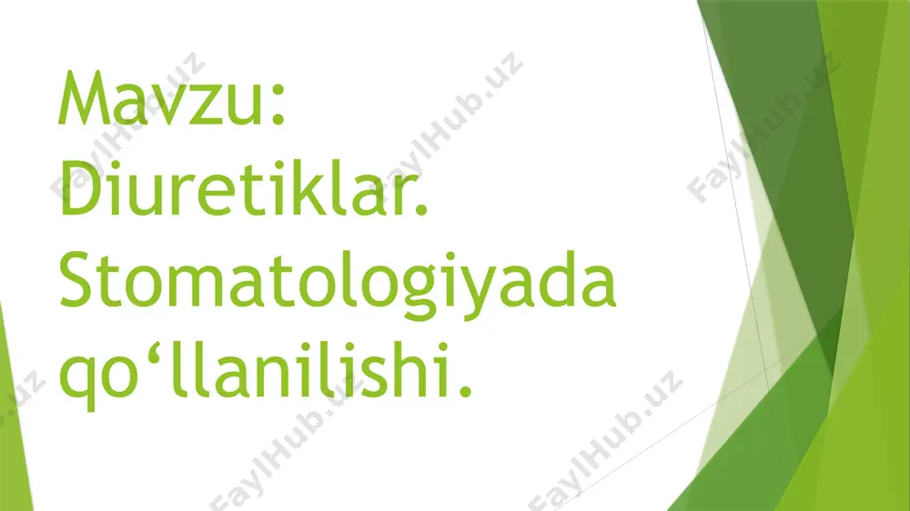 iqarishi mumkin. ulardan foydalanishda elektrolitlar monitoringi muhim. diuretik terapiya natijasida suv-tuz muvozanatini nazorat qilish zarur. diuretiklar tish davolashda asosan bilvosita ta'sir orqali qo'llaniladi. ular bemorlarda yuqori qon bosimi va yurak-qon tomir kasalliklarini boshqarishga yordam beradi, bu esa og'iz sog'ligi uchun muhimdir. diuretiklar stomatologik jarrohlikdan oldin ortiqcha suyuqlikni chiqarishga yordam berishi mumkin, bu esa bevosita qon aylanishini yaxshilaydi. ularni qabul qiluvchi bemorlarda kserostomiya yoki quruq og'iz sindromi rivojlanishi mumkin, bu karies xavfini oshiradi. bunday hollarda stomatologlar ko'proq gigiena va saqlash choralarini qo'llashni tavsiya etadilar. diuretiklarni qabul qiluvchi bemorlar muntazam stomatologik ko'riklarga e tibor qaratishlari lozim. og'iz bo'shlig'i muammolarida diuretiklarning roli og'iz bo'shlig'i muammolarida diuretiklarning roli haqida ma'lumotlar cheklangan. diuretiklar asosan organizmdan suyuqliklarni chiqarish uchun qo'llaniladi va qon bosimini pasaytirishdek umumiy salomatlik muammolariga yordam beradi. og'iz bo'shlig'idagi muammolar uchun diuretiklar to'g'ridan-to'g'ri ishlatilmaydi, lekin ular boshqa kasalliklar, masalan, siydik yo'llari yoki yurak-qon tomir tizimi bilan bog'liq muammolar hasilida tashqi og'irlikni kamaytirishi mumkin. namunali …