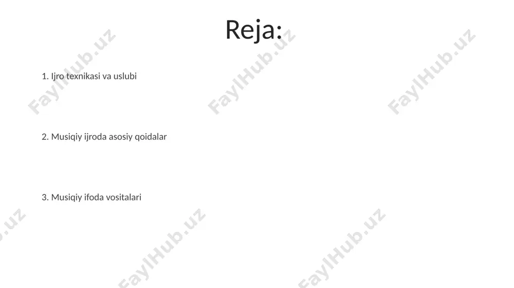 b beradi. asarning tuzilishiga (sonata shakli, rondo shakli, va hokazo) mos ravishda 3 qismli yoki 4 qismli tuzilmani to'g'ri tushunish va ijro etish musiqiy asarning yaxlitligini ta'minlaydi. tinglovchilar bilan muloqot tinglovchilarning musiqiy didini hisobga olib, 30 daqiqalik konsert dasturini 2 ta turli janrdagi 5-7 ta asardan tuzish maqsadga muvofiqdir. musiqa ijro etilgandan so'ng, tinglovchilar bilan qisqa muloqot o'tkazib, ularning fikr-mulohazalarini bilish va kelgusidagi konsertlarni yaxshilash uchun foydalanish tavsiya etiladi. improvizatsiya va uning qoidalari improvizatsiyaning muhim qoidalaridan biri – 2-3 ta asosiy akkordga tayanib, 7 ta tovushdan iborat gammalardan foydalanish orqali melodiya yaratishdir. improvizatsiya jarayonida ritmik va dinamik o'zgarishlarni qo'llash, masalan, 4/4 taktda 3/4 yoki 2/4 taktga o'tish orqali musiqiy qiziqishni oshirish mumkin. artikulyatsiya va fraze artikulyatsiyada legato va staccato kabi 2 ta asosiy usul mavjud bo‘lib, ular musiqiy ifoda vositalarining ritmik va dinamik jihatlarini aniq ifodalashda muhim rol o‘ynaydi. artikulyatsiya va frazeviy ifoda vositalarining birgalikdagi qo‘llanilishi musiqiy asarning emotsional va …