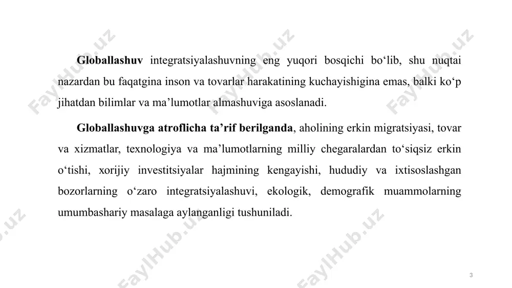 ha xomashyo savdosi nazorat qilinmoqda. tmklarning umumiy valyuta zaxirasi jahonning barcha federal banklarining birgalikdagi zaxirasidan bir necha marta ko‘pligidan, ushbu moliyaviy resurslar miqdorining 1-2% ga o‘zgarishi istalgan ikkita mamlakat valyutasi paritetini o‘zgartirib yuborishga qodir. globallashuv jarayonini harakatlantiruvchi kuchlardan yana biri jahon va milliy darajadagi bozor raqobatidagi o‘zgarishlar hisoblanadi. 8 9 globallashuv jarayonini harakatlantiruvchi eng asosiy kuchlardan yana biri fan texnika taraqqiyoti hisoblanadi. bizning davrimizda ilmiy-texnika taraqqiyoti global ahamiyatga ega bo‘lgan omilga aylandi. texnologik innovatsiya taraqqiyoti ham globallashuv jarayonini harakatlantiruvchi kuchlardan biri bo‘lib, fan-texnika taraqqiyoti darajasi ko‘p jihatdan texnologik innovatsiya taraqqiyotiga bog‘liq. 10 jahon iqtisodiyotida bugungi kunda jahon eksportining 15% dan ortig‘ini tashkil etuvchi yuqori texnologiyalar va ilmtalab ishlab chiqarish tarmoqlarining o‘rni ortib bormoqda. yuqori texnologiyalarga asoslangan mahsulotlar bozorida bozorning 80 %ini nazorat qilayotgan aqsh, yaponiya, germaniya, buyuk britaniya, fransiya mamlakatlarining kompaniyalari yetakchilik qilmoqda. ushbu kompaniyalar qatoriga so‘nggi yillarda janubiy koreya, malayziya, singapur kabi mamlakatlar kompaniyalari qo‘shilib bormoqda. rivojlangan mamlakatlarda texnologiyalarga …