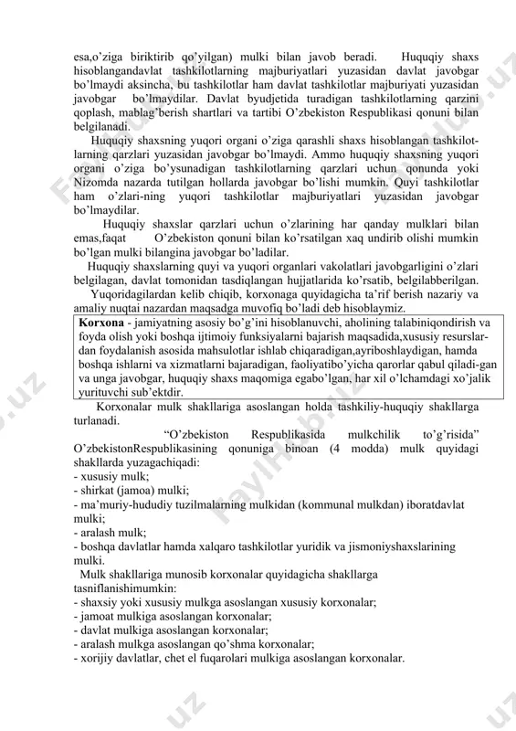 ub’ekt korxona hisoblanadi”. korxona huquqiy shaxs maqomiga ega bo’lish uchun quyidagi talablarga javob berishi kerak: birinchidan, faoliyat yuritish yoki boshqarish uchun birinchidan, mol-mulkiga ega bo’lishi; ikkinchidan, majburiyatlariga mol-mulki bilan javob berish; uchinchidan, mulkni sotish, sotib olish; to’rtinchidan, mulkiy va shaxsiy nomulkiy huquqlarni amalga oshirish; beshinchidan, sudda javobgar va talabgar bo’lishi mumkinligi; oltinchidan, mustaqil xo’jalik balansiga ega bo’lish. huquqiy shaxslarning ayrim filiallari (xo’jalik bo’limlari, uchastkalari, agentlik-lari) ma’lum tizimga ega bo’lgan, muayyan tarzda tashqil etilgan bo’lsa ham, ular butun bir tashkilot (korxona, muassasa) ishiniig bir qisminigina bajaruvchi tashkilot-lar bo’lishi tufayli huquqiy shaxs bo’la olmaydi. masalan, universitetningbir fakulteti muayyan tartibda tashqil topib, ish olib borish tartibi kafedra a’zolario’rtasidagi o’zaro munosabatlar, dekanning vakolatlari belgilangan bo’lsa ham huquqiy shaxs hisoblanmaydi. mulkiy mustaqillik- fuqarolik huquqining sub’ekti bo’lishi uchun huquqiyshaxs hisoblangan har qaysi tashqilotning o’ziga xos mulki bo’lishi, har qaysi davlattashqilotining o’ziga biriktirilgan mulki bo’lishini taqozo qiladi. boshqacha aytganda, huquqiy shaxslar mustaqil balans yoki smetaga ega bo’lishlari …