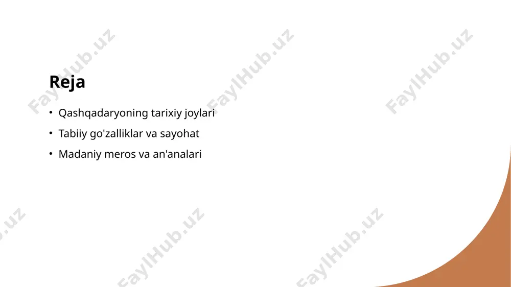 yyorlanish. 01 qashqadaryoning tog'lari qashqadaryoda joylashgan tog'lar, masalan, nuratau va gissar, sayyohlar uchun ekoturizm va trekking imkoniyatlarini taqdim etadi. 02 suv manbalari qashqadaryo hududida joylashgan tabiiy suv manbalari, masalan, aydar ko'li, sayyohlarga suzish va dam olish uchun ajoyib joylar hisoblanadi. 03 tabiy parklar qashqadaryoda joylashgan tabiiy parklar, xususan, beshkent milliy parki, biologik xilma-xillikni saqlab qolish va sayyohlar uchun tadqiqot imkoniyatlarini taklif etadi. qashqadaryo tog'lari: ekoturizm va adrenalindagi imkoniyatlar. qashqadaryo tog'lari, o'zining go'zal tabiati va xilma-xil ekoturizm imkoniyatlari bilan mashhur. bu hududda trekking, toqqa chiqish va tabiatni kuzatish imkoniyatlari mavjud. qashqadaryoning tog'larida adrenalinni his qilish uchun turli xil sarguzashtli faoliyatlar taklif etiladi. photo by farrukh abdujabborov on unsplash qashqadaryoda tabiat va madaniyat: sayohat yo'nalishlari va tajribalar. 1 tabiat go'zalliklari qashqadaryoda o‘zbekistonning eng chiroyli tabiiy manzaralari mavjud. bu yerda chashma va nurata tog‘lari sayyohlar uchun ajoyib joylardir. 2 madaniy meros qashqadaryo, tarixiy obidalar va an'anaviy san'at bilan boy. bu yerda qadimiy madaniyatlar …