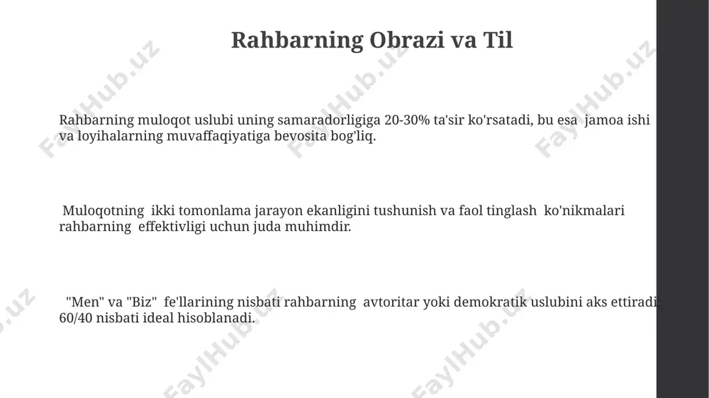 t teams kabi 10 dan ortiq xabar almashish platformalarining joriy etilishi jamoaviy ishlarning samaradorligini 25% ga oshirishi mumkin. motivatsiya va rag'batlantirish tillari yaxshi motivatsion til aniq, qisqa va aniq bo'ladi, shuningdek, xususan, 70% ijodiy va 30% qo'llanma ko'rsatmalariga ega bo'lishi kerak. rag'batlantirishda, pul mukofotlari bilan bir qatorda, 5 ta narsa (masalan, qo'shimcha dam olish kunlari, martaba o'sishi va hokazo) taqdim etish samaradorlikni sezilarli darajada oshiradi va xodimlarni yanada ko'proq jalb qiladi. motivatsiya va rag'batlantirishda kamida 3 ta asosiy til elementini – maqtov, tanqid va ko'rsatmalarni muvozanatli qo'llash muhim, bu jamoa samaradorligini 15-20% ga oshirishi mumkin. muloqot uslublari va ularning samaradorligi "men-xabarlar" formulasi (men his qilyapman, chunki...) muloqotdagi konfliktlarni kamaytirish va o'zaro tushunishni 30% ga oshirishga yordam beradi. samarali muloqotda 70% ga yaqin ma'lumot og'zaki bo'lmagan aloqa orqali, ya'ni tana tili, mimika va intonatsiya orqali uzatiladi, shuning uchun muloqot uslubini tanlashda bularni hisobga olish muhim. muloqotning 4 asosiy uslubi mavjud: direktiv, …