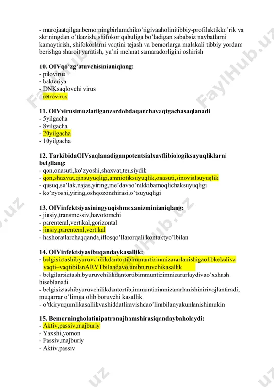 lamchikoʼrigivaaholinitibbiy-profilaktikkoʼrik va skriningdan oʼtkazish, shifokor qabuliga boʼladigan sababsiz navbatlarni kamaytirish, shifokorlarni vaqtini tejash va bemorlarga malakali tibbiy yordam berishga sharoit yaratish, yaʼni mehnat samaradorligini oshirish 10. oivqoʼzgʼatuvchisinianiqlang: · pilovirus · bakteriya · dnksaqlovchi virus · retrovirus 11. oivvirusimuzlatilganzardobdaqanchavaqtgachasaqlanadi · 5yilgacha · 8yilgacha · 20yilgacha · 10yilgacha 12. tarkibidaoivsaqlanadiganpotentsialxavflibiologiksuyuqliklarni belgilang: · qon,onasuti,koʼzyoshi,shaxvat,ter,siydik · qon,shaxvat,qinsuyuqligi,amniotiksuyuqlik,onasuti,sinovialsuyuqlik · qusuq,soʼlak,najas,yiring,me’davao’nikkibamoqlichaksuyuqligi · koʼzyoshi,yiring,oshqozonshirasi,o’tsuyuqligi 13. oivinfektsiyasiningyuqishmexanizminianiqlang: · jinsiy,transmessiv,havotomchi · parenteral,vertikal,gorizontal · jinsiy,parenteral,vertikal · hashoratlarchaqqanda,iflosqoʼllarorqali,kontaktyo’lbilan 14. oivinfektsiyasibuqandaykasallik: · belgisiztashibyuruvchilikdantortibimmuntizimnizararlanishigaolibkeladiva ( vaqti–vaqtibilanаrvtbilandavolanibturuvchi kasallik ) · belgilarsiztashibyuruvchilikdantortibimmuntizimnizararlaydivao’xshash hisoblanadi · belgisiztashibyuruvchilikdantortib,immuntizimnizararlanishinirivojlantiradi, muqarrar oʼlimga olib boruvchi kasallik · oʼtkiryuqumlikasallikvashiddatliravishdaoʼlimbilanyakunlanishimukin 15. bemorningholatinipatronajhamshirasiqandaybaholaydi: · aktiv,passiv,majburiy · yaxshi,yomon · passiv,majburiy · aktiv,passiv 16. patronajhamshirasiningvazifasinima: · aholinisog’lomlashtirish · aholigaijtimoiyyordamberish · emlashishlariniolibborish · poliklinikadaishfaoliyatiniolibborish 17. bemorningkasalligitufaylio’z-o’zigata’siretishiqandayataladi: · egrotogeniya · yatrogeniya · gospitalizm · egogeniya 18. uysharoitidagihamshiralikparvarishinio’tkazishdabemoruchun qanday bosim qisqaradi: · iqtisodiy · ijtimoiy · ruhiy · ma’naviy 19. sanitariya-oqartuvishlaridanko’zlanganmaqsa