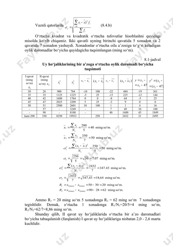 rining qator markaziy miqdorlari (belgi darajasi) atrofida sochilishi (tarqoqligi)ning eng oddiy me’yori variatsiya kengligidir (inglizcha range). u o‘rganilayotgan belgining eng katta va eng kichik miqdoriy qiymatlari orasidagi farqni belgilaydi, ya’ni . bu yerda - belgining eng katta qiymati(qator hadi), - uning eng kichik qiymati. variatsiya kengligida taqsimotning ichki shakli, ya’ni miqdorlar orasidagi tafovutlar aks etmaydi. simmetrik qator uchun ham, asimmetrik (og‘ma) qator, masalan, j - simon taqsimot uchun ham variatsiya kengligi biror miqdorga teng bo‘lishi mumkin, vaholanki bunday taqsimotlar tarqoqlik darajasi jihatidan bir-biridan odatda jiddiy farq qiladi. 8.3. o‘rtacha kvadrat tafovut (dispersiya) va kvadratik o‘rtacha tafovut kvadratik o‘rtacha tafovut – bu kvadrat ildiz ostidan chiqarilgan dispersiyadir. o‘rtacha kvadrat tafovut yoki dispersiya belgining ayrim qiymatlari bilan ularning arifmetik o‘rtachasi orasidagi tafovutlar kvadratlaridan hisoblangan arifmetik o‘rtachadir. bu ko‘rsatkich quyidagi formulalar orqali ifodalanadi: dispersiya – bu qator variantalari qiymatlari bilan ularning arifmetik o‘rtachasi orasidagi tafovutlar kvadratlaridan olingan arifmetik o‘rtachadir. saflangan qatorlarda (8.1a) vaznli …