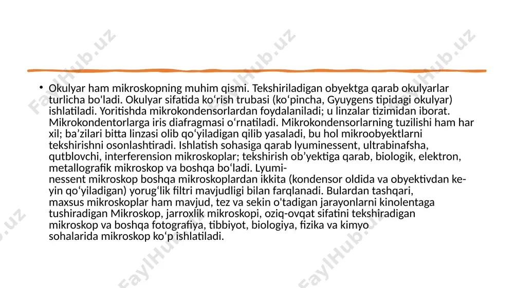 gen nurlari mikroskopiyasi optikaga qaraganda 2 ta kattalikdagi yaxshi aniqlikka erishishga imkon beradi (chunki rentgen nurlarining toʻlqin uzunligi 2 darajaga qisqaroq). biroq, zamonaviy optik mikroskop — nanoskop 3-10 nm gacha ruxsatga ega. skanerli zond mikroskopi — sirt tasvirini va uning mahalliy xususiyatlarini olish uchun mikroskop. tasvirlash jarayoni prob yordamida sirtni skanerlashga asoslangan boʻlib, umumiy holda, u yuqori aniqlikdagi sirtning uch oʻlchovli tasvirini (topografiyasini) olish imkonini beradigan mikroskop hisoblanadi. e'tiboringiz uchun rahmat! image1.jpeg /docprops/thumbnail.jpeg