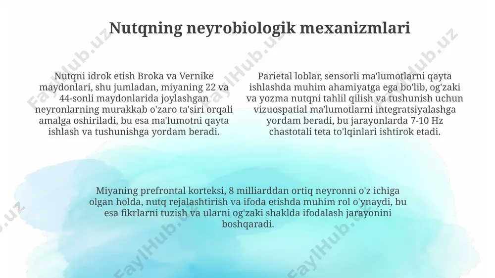 yoshga kelib yakunlanadi, ammo 7 yoshgacha fonemalarni aniq talaffuz qilishda ba’zi qiyinchiliklar kuzatilishi mumkin. toshkentda oʻtkazilgan izlanishlar bu davrda logopedik yordamning ahamiyatini ta’kidlaydi. tilning grammatik tuzilishi 8-10 yosh oraligʻida murakkablashadi va murakkab gap tuzilmalarini qoʻllash qobiliyati rivojlanadi. andijon viloyatida oʻtkazilgan kuzatuvlar shuni koʻrsatdiki, bu jarayonda oʻqitish uslubi muhim rol oʻynaydi. tilning rivojlanishida 0-3 yosh oraligʻi muhim ahamiyatga ega boʻlib, bu davrda bolaning lugʻat fondi 500 dan ortiq soʻzga yetadi va samarqanddagi tadqiqotlar shuni koʻrsatdiki, bu jarayon genetik va atrof-muhit omillariga bogʻliq. e'tiboringiz uchun rahmat @taqdimot_robot image1.png