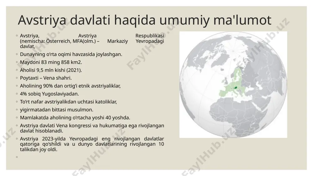 i to‘laydi, bu yevropadagi eng past ko‘rsatkich bo‘lib, 1,5 milliard dollarni tashkil etadi. avstriyada ayollar aholisining yarmi yarim kunlik ish kunida ishlasa-da, lekin shunga qaramay, mamlakatdagi har uchinchi ayol kompaniyalarda rahbarlik lavozimini egallaydi. avstriya aholisi mehnatkashligi bilan ajralib turadi, bu shtat aholisi kuniga 9 soat ishlaydi va ish kuni tugagandan keyin ko’pincha ish joyida qoladi. shuning uchun bo’lsa kerak, avstriya ishsizlik darajasi eng past. 30 yoshgacha avstriyaliklar faqat kasbiy o’sish haqida qayg’uradilar, shuning uchun ular kech turmushga chiqadilar va oila odatda faqat bitta farzand tug’ilishi bilan kifoyalanadi. avstriyaning barcha korxonalarida menejerlar doimo xodimlarning ehtiyojlarini tinglaydilar va xodimlarning o’zlari ko’pincha kompaniyalarning global muammolarini hal qilishda qatnashadilar. avstriya ta’lim muassasalari besh balli tizimga ega, ammo bu yerda eng yuqori ball 1 ballni tashkil etadi. avstriyada maktab taʼlimi toʻrt yillik asosiy maktab taʼlimidan, soʻngra 6 yillik oʻrta yoki toʻliq oʻrta maktabdan iborat. avstriya fuqarolari 19 yoshda ovoz berish huquqiga ega boʻlgan yagona yevropa …
