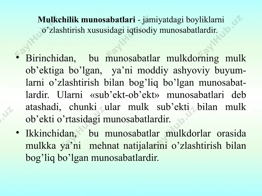 davlat mulki; 2. jamoa mulki; 3. xususiy mulk; 4. shaxsiy mulk; 5.aralash mulk. davlat mulki – bu mulkka egalik qilish, foydalanish, o’zlashtirish va tasarruf qilish davlat ixtiyorida bo’lgan barcha mulk ob‘ektlaridan iborat. bu mulk asosan ikki yo’l bilan hosil bo’ladi: birinchisi, xususiy mol-mulk milliylashtirilib, davlat ixtiyoriga o’tkaziladi, ikkinchisi, davlat mablag’lari hisobidan korxonalar qurish, davlatga qarashli korxona va tashkilotlarga investitsiyalar kiritish. bunga misol qilib takror ishlab chiqarib bo’lmaydigan tabiiy resurslarni, yirik inshootlar va transport vositalari yo’llarni ko’rsatish mumkin. 11 e’tiborlaringiz uchun rahmat! image1.wmf image2.wmf image3.wmf image4.jpeg /docprops/thumbnail.jpeg