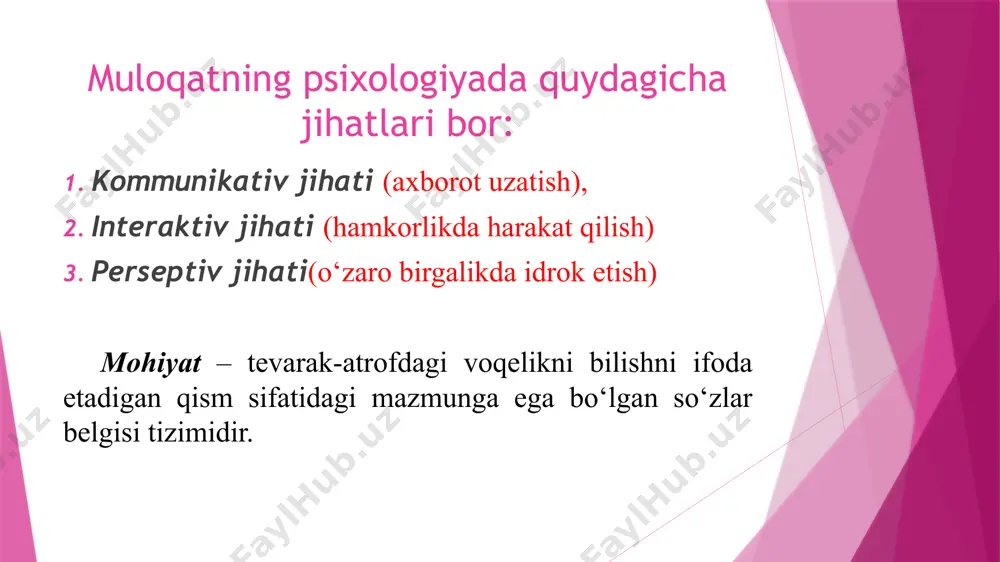 ib, qolgan barmoqlari bilan og‘zini bekitadi. qo‘llar ko‘krakda bog‘langan bo‘lsa, bu suhbatdoshning berkligi, himoyalanganlik, muloqotda yopiqlik ramzi. agar suhbatdoshning qo‘l kaftlari ochiq bo‘lsa, bu samimiylik belgisidir. agar suhbatdosh elkalarini qisayotgan bo‘lsa, demak, u siz bilan bo‘lgan suhbatga befarq, unga baribir yoki tushunmayotganlik belgisi. agar odam labining chetiga, burniga tegib, yoki uni ishqalayotgan bo‘lsa, demak, u o‘z fikriga ishonchsizligi, yolg‘on gapirayotganligi belgisi. agar suhbatdosh iyagiga tegib, yoki uni ishqalayotgan bo‘lsa, demak, u qaror qabul qilishga harakat qilayotganligi belgisi. muloqot mazmuniga ko‘ra quyidagi turlarga ajraladi: moddiy muloqot deganda sub’ektni dolzarb ehtiyojlarni qondirish vositasi sifatida, ayni paytda shug‘ullanayotgan faoliyatining mahsulotlari va predmetlarini ayirboshlash tushuniladi. kognitiv muloqot deb shaxslarning hamkorlikdagi faoliyatida narsa va hodisalarni o‘rganish, ma’lumotlarni bilib olish jarayonida o‘zaro bilim almashinuviga aytiladi. konditsion muloqotda psixologik va fiziologik holatlar ayirboshlanadi. masalan, shifokor bemorning tushkun kayfiyatini ko‘tarishi yoki aksincha, ona qizining o‘ksinib yig‘layotgan holatiga yig‘i bilan munosabat bildirishi va hakozo. motivatsion muloqot muayyan yo‘nalishda hamkorlikda …