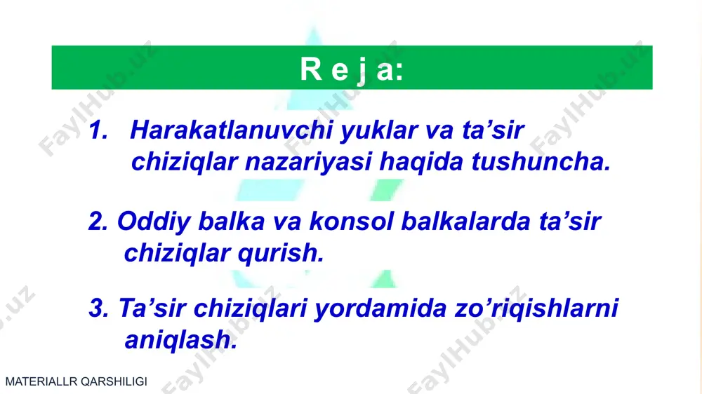 g chiziq x p=1 a b k i holat ii holat oddiy balka ixtiyoriy kesimi uchun ko‘ndalang kuch m ning ta’sir chizig‘ini qurish . 9 i holat ii holat x p=1 a b ra rb l + – mk ning t.ch. chap chiziq a b k + a o'ng chiziq x p=1 a b k b materiallr qarshiligi 10 ikki konsolli balka uchun ta’sir chiziqlar qurish tayanch reaksiyasining ta’sir chizig’ini qurish. x p=1 a b ra rb l 1 sanoq chizig'i + – + ra ning t.ch. 0 a b materiallr qarshiligi 11 ikki konsolli balka uchun ta’sir chiziqlar qurish tayanch reaksiyalarining ta’sir chizig’ini qurish. x p=1 a b ra rb l 1 sanoq chizig'i + – + ra ning t.ch. 1 sanoq chizig'i + – + rb ning t.ch. 0 0 a b materiallr qarshiligi 12 ichki kuchlar q va m ning ta’sir chizig’ini qurish. x p=1 a b …