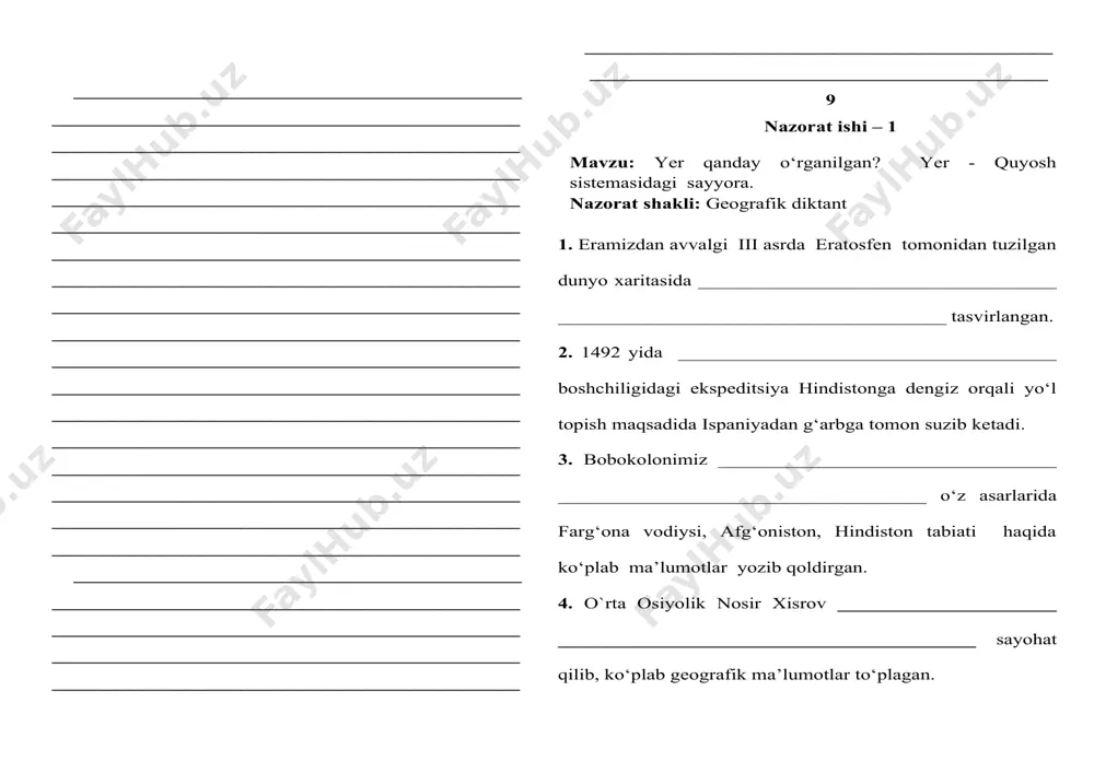 opshiriq . i variant 1. havoninig sutkalik o‘rtacha haroratini berilgan ma’lumotlar asosida aniqlang. ertalab - soat 7 da +8°, soat 10 da +10°, kunduzi - soat 13 da + 14°, soat 16 da + 18°, kechqurun – soat 19 da + 14°, soat 21 da +6° ga teng. 2. yanvar oyininig o‘rtacha harorati – 8°, iyul oyidagi o‘rtacha harorat + 22° ga teng bo‘lsa, bir yillik havo haroratining amplitudasi necha gradusga teng ekanligini aniqlang? 3. quyidagi atamalrning izohini yozing. gigrometr - kontinental iqlim- ii variant 1. berilgan ma’lumotlarga ko‘ra bir sutka davomida ob-havo quyidagicha o‘zgargan bo‘lsa, sutka ichidagi o‘rtacha haroratni aniqlab yozing. -6°с, -7° с , -9° с, -12° с, +4° с, +2°с, -4° с, -4° с 2. agar havodagi namlik 4 g/m3, havo harorati +20° c ni tashkil etsa, havoning nisbiy namligi necha foizga teng bo‘ladi? 3. quyidagi atamalrning izohini yozing. barqaror ob-havo- briz shamoli- 8 9. 1960 yil …