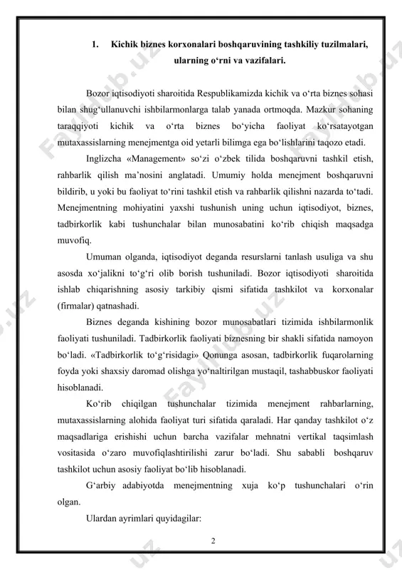 ash vositasida o‘zaro muvofiqlashtirilishi zarur bo‘ladi. shu sababli boshqaruv tashkilot uchun asosiy faoliyat bo‘lib hisoblanadi. g‘arbiy adabiyotda menejmentning xuja ko‘p tushunchalari o‘rin olgan. ulardan ayrimlari quyidagilar: 1. menejment - bu ishlovchilarni tashkilotning maqsadiga erishishga aniq yo‘naltirish, shu orqali quyilgan vazifalarni uddalash; 2. bu o‘zaro uyushmagan bir qancha odamlarni asosiy maqsadga yo‘naltirishga qaratilgan maxsus faoliyat turidir; 3. bu rejalashtirish, tashkil qilish, tartibga solish va muvofiqlashtirish asosida moddiy, mehnat va moliyaviy resurslarning belgilangan maksmadlar uchun ishlatilishiga erishishga qaratilgan jarayon. biroq kichik biznes sohasiga oid ba’zi tashkilotlar boshqaruvchilarning aniq guruhiga ega bo‘lmasligi mumkin.(m.: kichik magazin, nonvoyxona va boshqalar). bu hollarda boshqaruv funksiyalari sheriklar o‘rtasida taqsimlangan bo‘lishi mumkin. kichik biznesda boshqarish jarayoni boshqaruv sub’ektining boshqaruv ob’ektiga ta’siri jarayeni ifodalaydi. boshqarish jarayoni - rahbar va boshqaruv apparatining quyilgan maqsadlarga erishish maqsadida kishilarning birgalikdagi faoliyatini muvofiqlashtirish bo‘yicha amalga oshiriladigan harakatlar yig‘indisi, boshqarish sub’ektining boshqarish ob’ektiga ta’sir etishi. bozor munosabatlari tizimida kichik biznes ishlab chiqarish hajmi, ishlovchilarning …