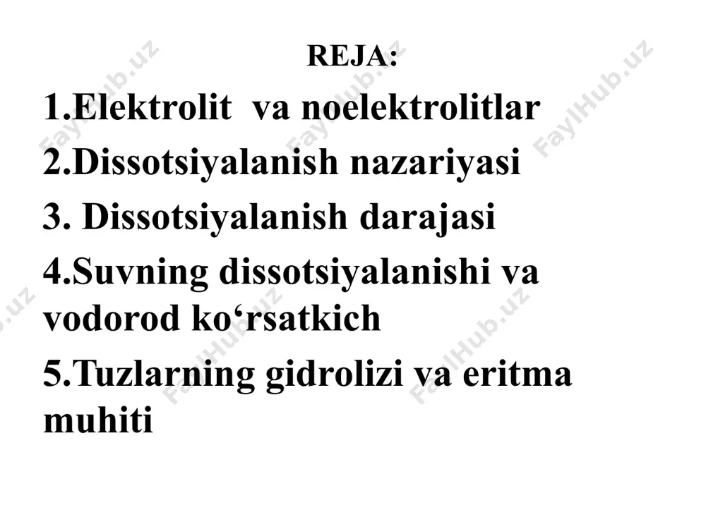 – iii) al(oh)2+ = al+3 + oh– suyuqlanmalarida yoki suvdagi eritmalarida metall katonlariga va gidroksid anionlariga ajraladigan murakkab moddalar asoslar deyiladi. asoslar bosqichma-bosqich dissotsilanadi. nabr = na+ + br– ba(no3)2 = ba+2 + 2no3– al2(so4)3 = 2al+3 + 3so42– nh4cl = nh4+ + cl– cuso3 = cu+2 + so32– suyuqlanmalarida yoki suvdagi eritmalarida metall katonlariga va kislota qoldig‘i anionlariga ajraladigan murakkab moddalar tuzlar deyiladi. tuzlar bir bosqichda dissotsilanadi. ionlar haqida ion – grek tilidan olingan so‘z bo‘lib, “kezib yuruvchi” degan ma’noni anglatadi. ionlarni tarkibiga qatab, oddiy va murakkab ionlarga ajratamiz. tarkibi bitta element atomidan iborat ionlar oddiy ionlar deyiladi. masalan: cl- – xlorid, s-2 – sulfid, na+ – natriy, fe+3 – temir (iii) ionlari va h.k. tarkibi har xil element atomlaridan iborat ionlar murakkab ionlar deyiladi. masalan: nh4+ – ammoniy, so42- – sulfat, cuoh+ – mis (ii) gidroksi, hpo42- – gidrofosfat ionlari va h.k. ionlarni yana rangiga qarab rangli va …