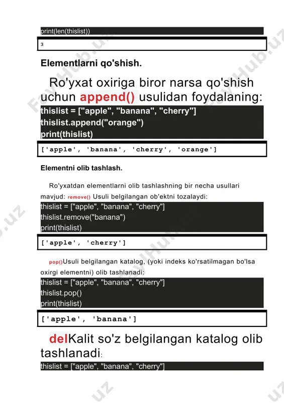 e()} {mahsulotlar[mahsulot]} so'm") natija yuqordagi kodga e'tibor bering. biz avval bozorlik degan ro'yxat yaratdik (uyga bozor qilyapmiz), keyin esa mahsulotlar lug'atidagi har bir mahsulotni bizdagi bozorlik ro'yxati bilan solishtirdik. agar mahsulot bizning bozorlik ro'yxatimizda bo'lsa, uning narhini konsolga chiqardik. quyidagi misolda esa aksincha, bozorlik ro'yxatidagi har bir elementni do'kondagi mahsulotlar bilan solishtiramiz, va mahsulot do'konda yo'q bo'lsa, do'konga murojat qoldiramiz: for buyum in bozorlik: if buyum not in mahsulotlar: print(f"iltimos, do'koningizga {buyum} ham olib keling") natija lug'at elementlarini tartib bilan chiqarish pythonda lug'at elementlari siz (foydalanuvchi) kiritgan tartibda saqlanadi. agar lug'at elementlarini alifbo bo'yicha chiqarish talab qilinsa, sorted() funktsiyasidan foydalanamiz. print("do'konimizdagi mahsulotlar:") for mahsulot in sorted(mahsulotlar): print(mahsulot.title()) xulosa ma’lumki axborotlar matnli, raqamli, ovozli, grafik va boshqa shakllarda uzatilishi mumkin. bunday axborotlarni dasturlash tilida qayta ishlash uchun, ularni turlarga ajratish lozim bo’lib hisoblanadi. dasturlarda foydalaniladigan ma’lumotlar turlari dasturning maqsadiga bog’liq bo’ladi. oddiy kalkulyator sonlardan foydalaniladi, elektron pochta manzillarini tekshirishga mo’ljallangan dastur …