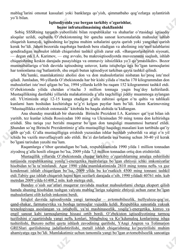 qarish samaradorligini oshirish orqali aholining turmush darajasi yaxshilana boshladi. mulkni xususiylashtirish va ko’p ukladli iqtisodni shakllantirish o’zbekistonda o’ziga xos yo’l bilan birinchi bosqichda 1992-1993 yillari amalga oshirildi. bu davrda asosan maishiy xizmat va savdo korxonalari, transport va qurilishning kichik korxonalari, davlat sanoat va mahsulot qayta ishlash korxonalari mulk shaklini o’zgartirdi. bular mulkning ijara, jamoa va aktsiyadorlik shakliga aylantirildi. uy-joylar keng miqyosda xususiylashtirilib, aholining ayrim qismiga tekin, boshqa qismiga esa arzon narxda xususiy mulk etib berildi. dastlabki davrning o’zida qishloq xo’jaligida 770 kolxoz va davlat xo’jaliklari xususiylashtirildi, jamoa va ijara xo’jaliklariga aylantirildi. lekin qishloqda bu jarayon sekin va qiyinchiliklar bilan amalgan oshirildi. agrar sohadagi byurokratik boshqaruv tizimining har xil to’siqlari qishloqda islohotlarning borishiga xalaqit berardi. mulkning davlat tasarrufidan chiqarish jarayonining birinchi bosqichidagi eng muhim xulosa mulkdorlar sinfining shakllana boshlagani bo’ldi. davlat mulkini xususiylashtirishning ikkinchi bosqichi o’zbekiston respublikasi vazirlar mahkamasining 1994 yil 21 yanvardagi «iqtisodiy islohotlarni yanada chuqurlashtirish, xususiy mulk manfaatlarini himoya …